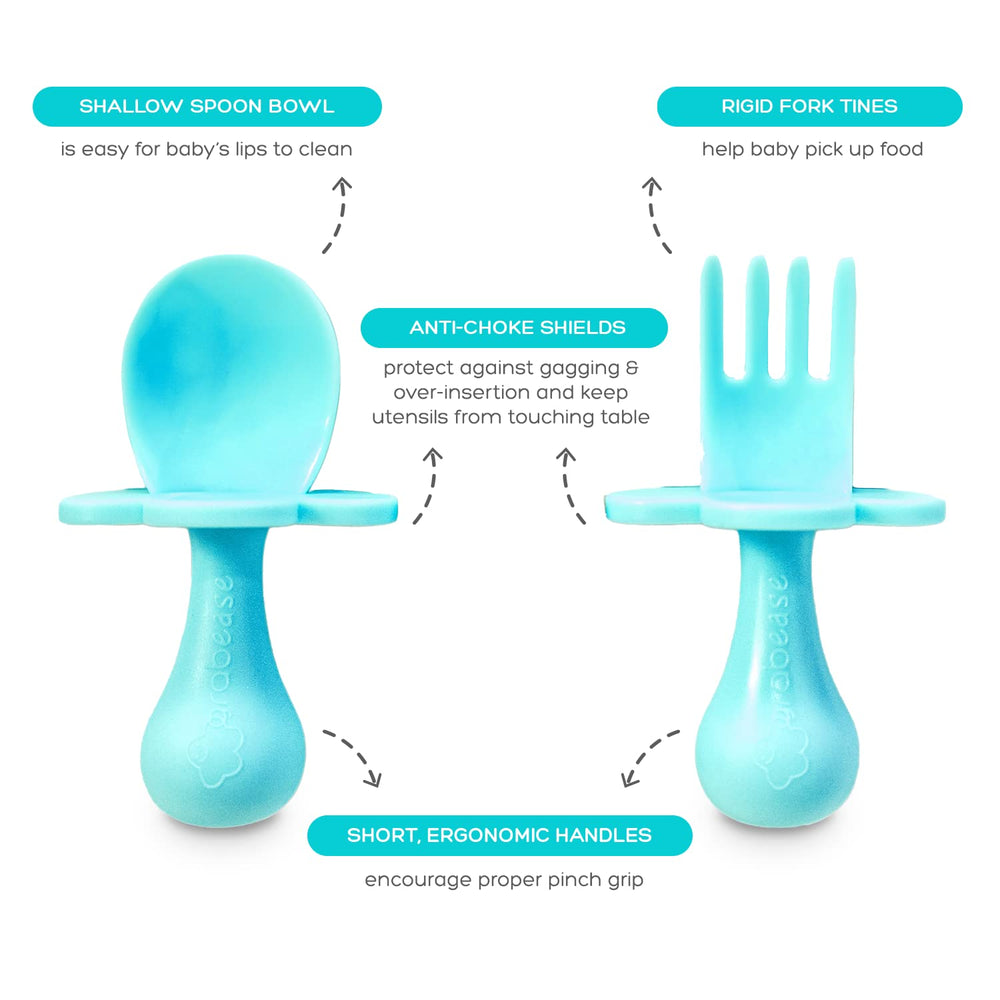 Grabease toddler utensils teal set promotes independent eating and fine motor skills