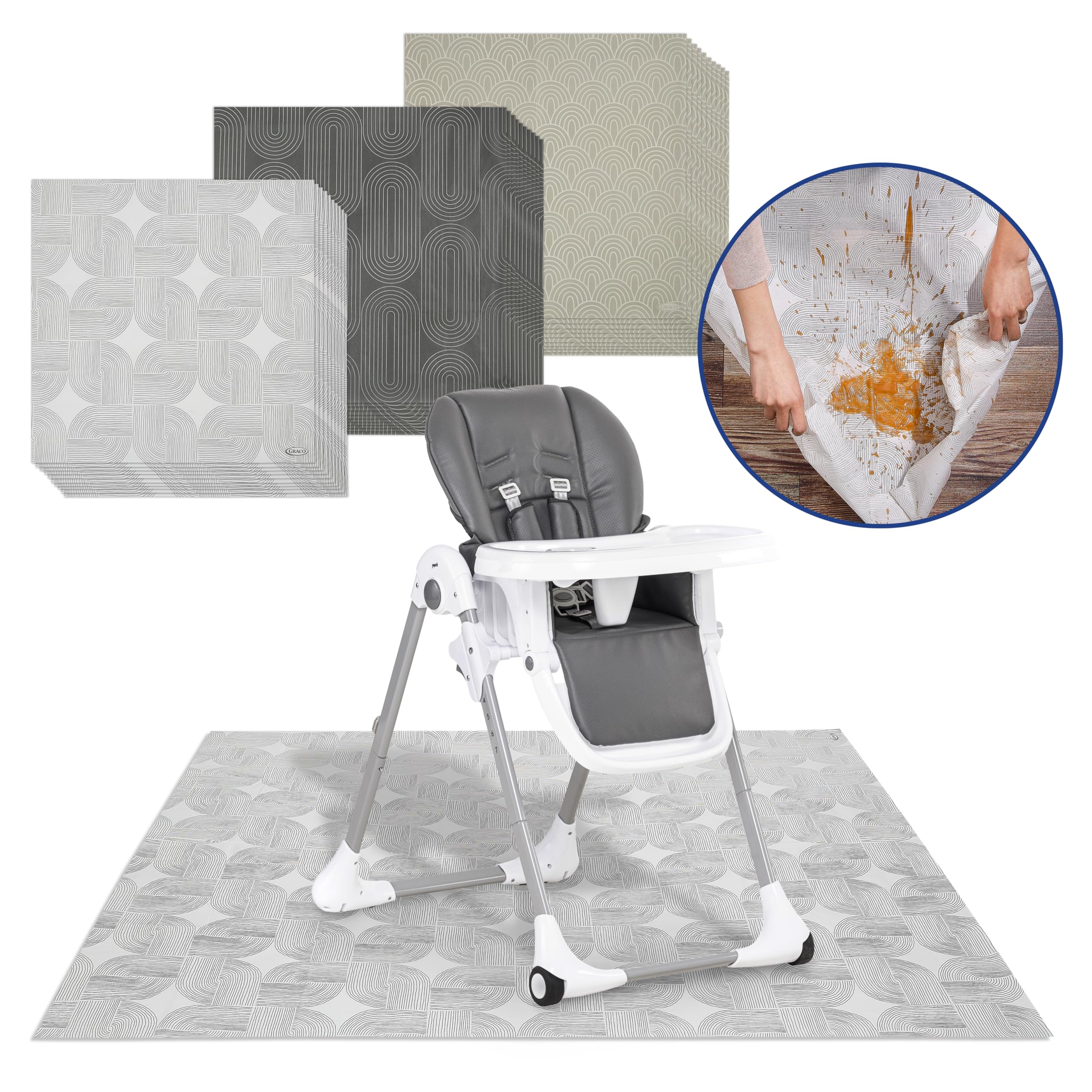 Graco splat mats folded compactly fit in a diaper bag for on-the-go use.