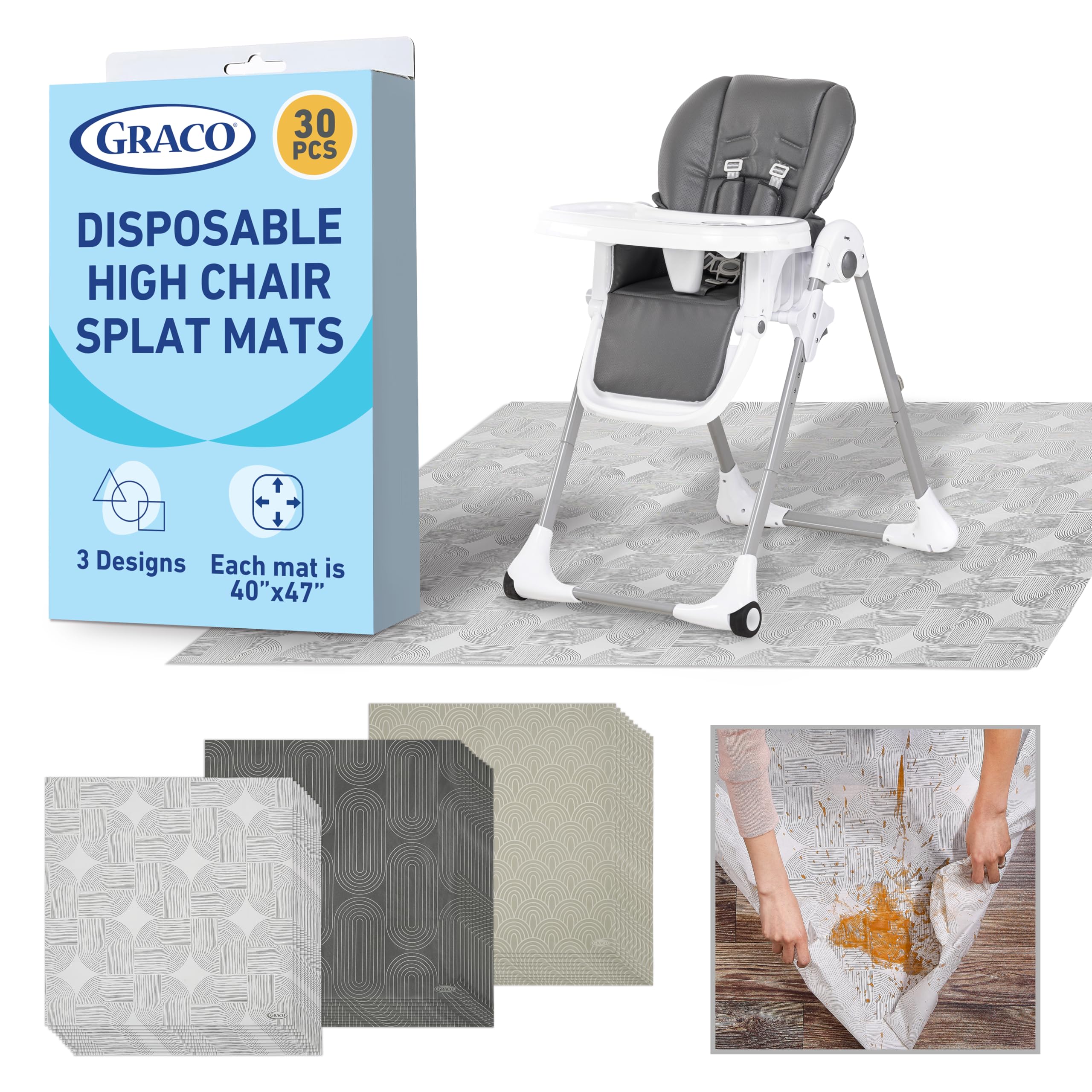 Graco disposable splat mats under a high chair offer full mealtime coverage.
