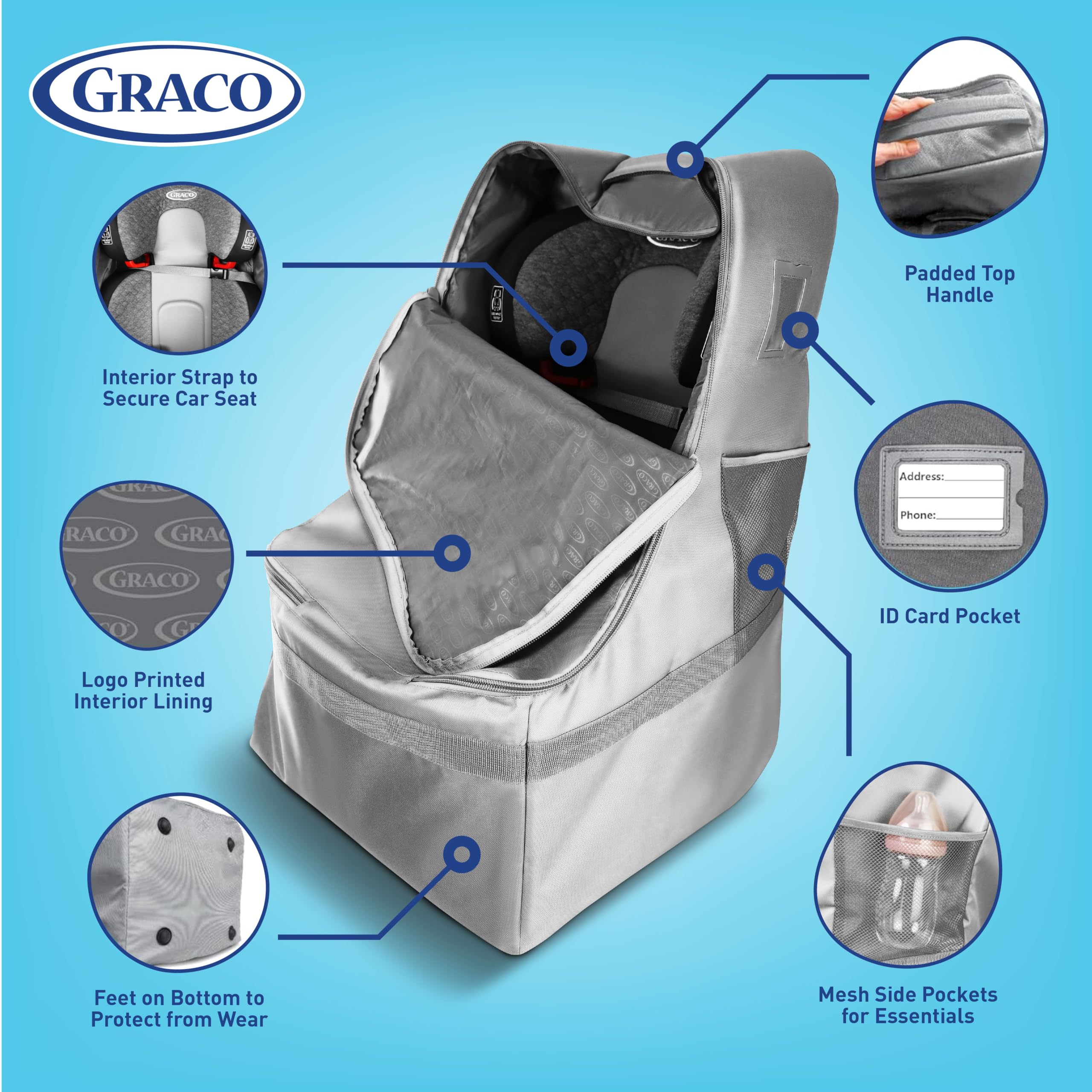 Graco car seat backpack with ergonomic straps easing airport navigation.