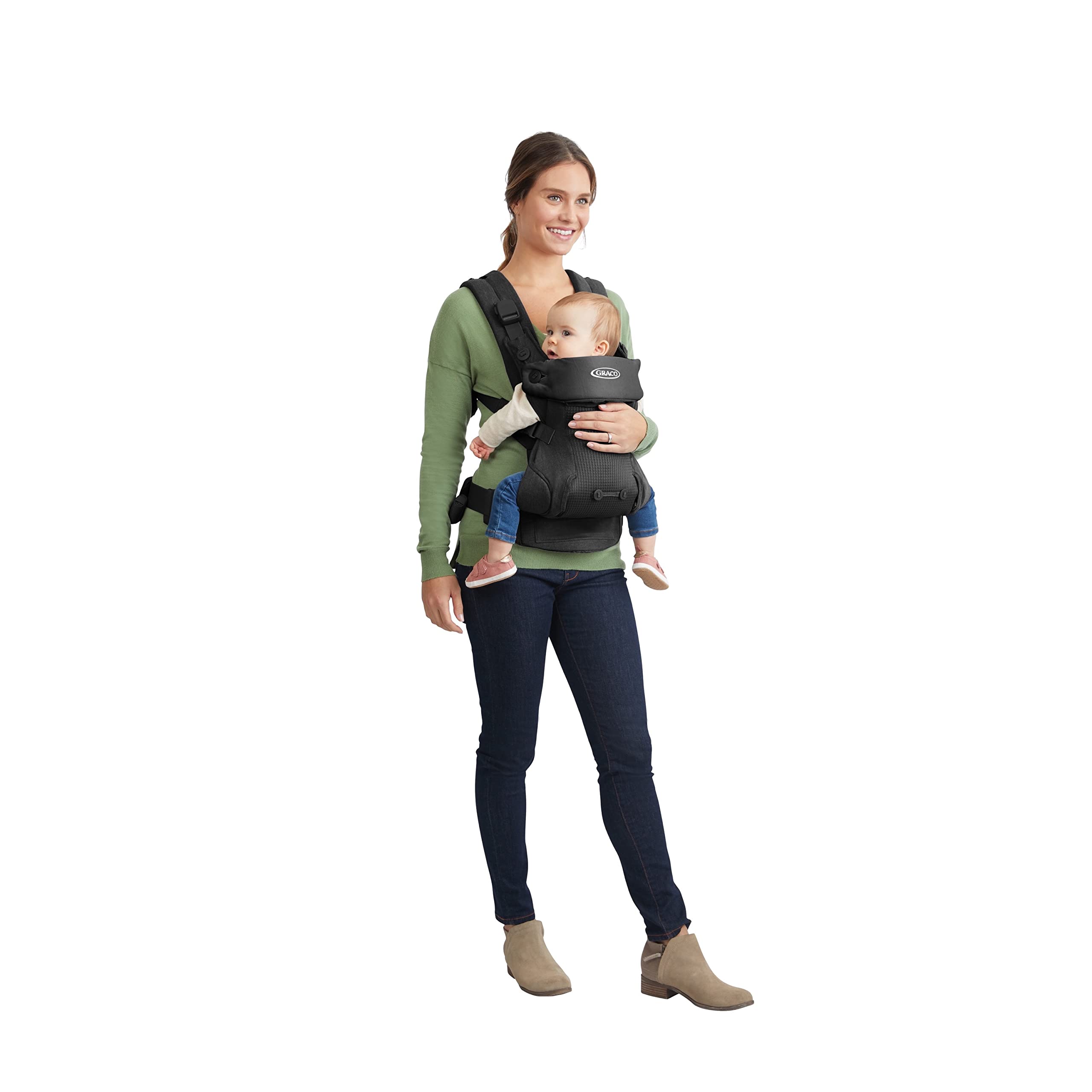 Graco Cradle Me 4-in-1 facing-in mode for close baby wearing.