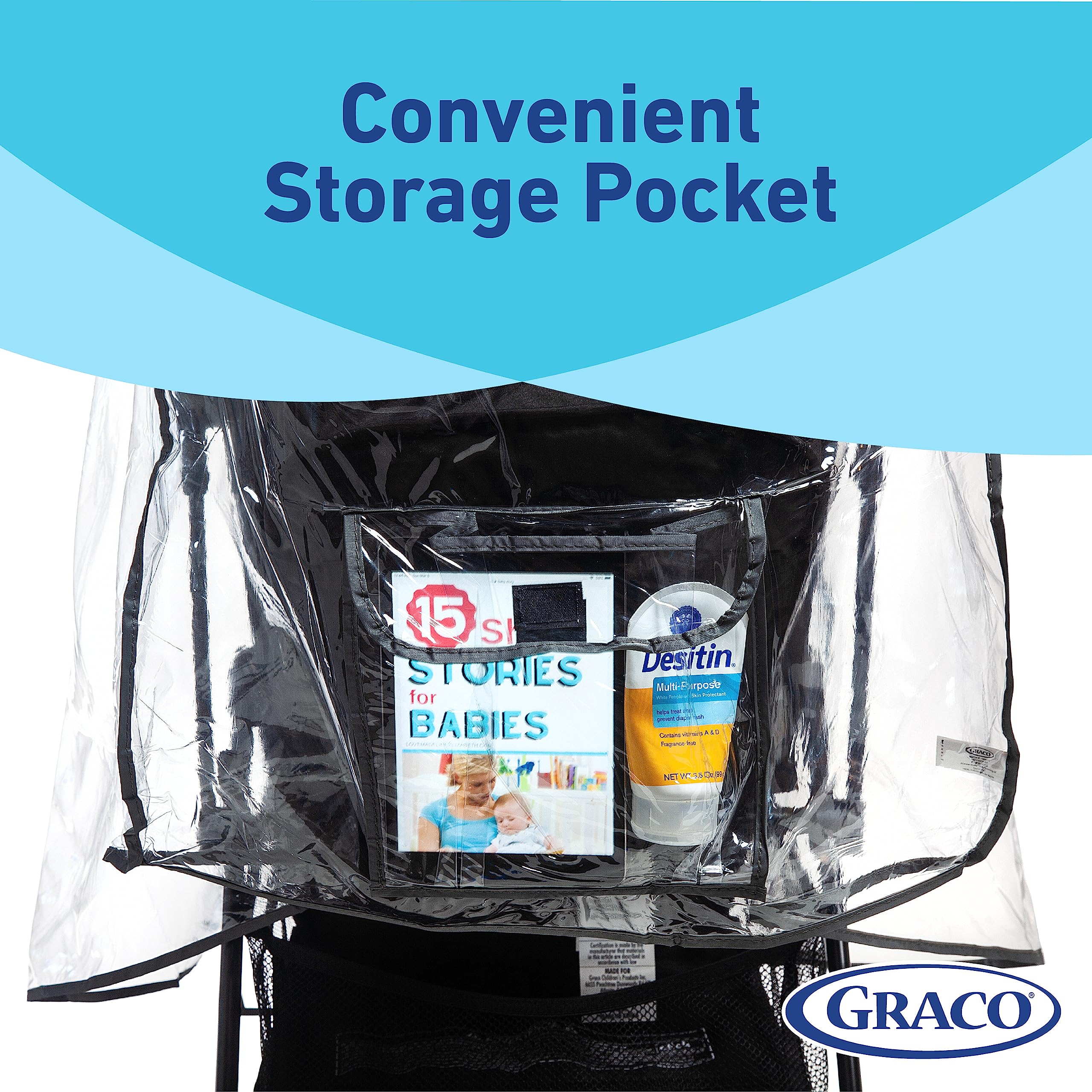 Graco rain cover is quick to install and folds into the included bag.