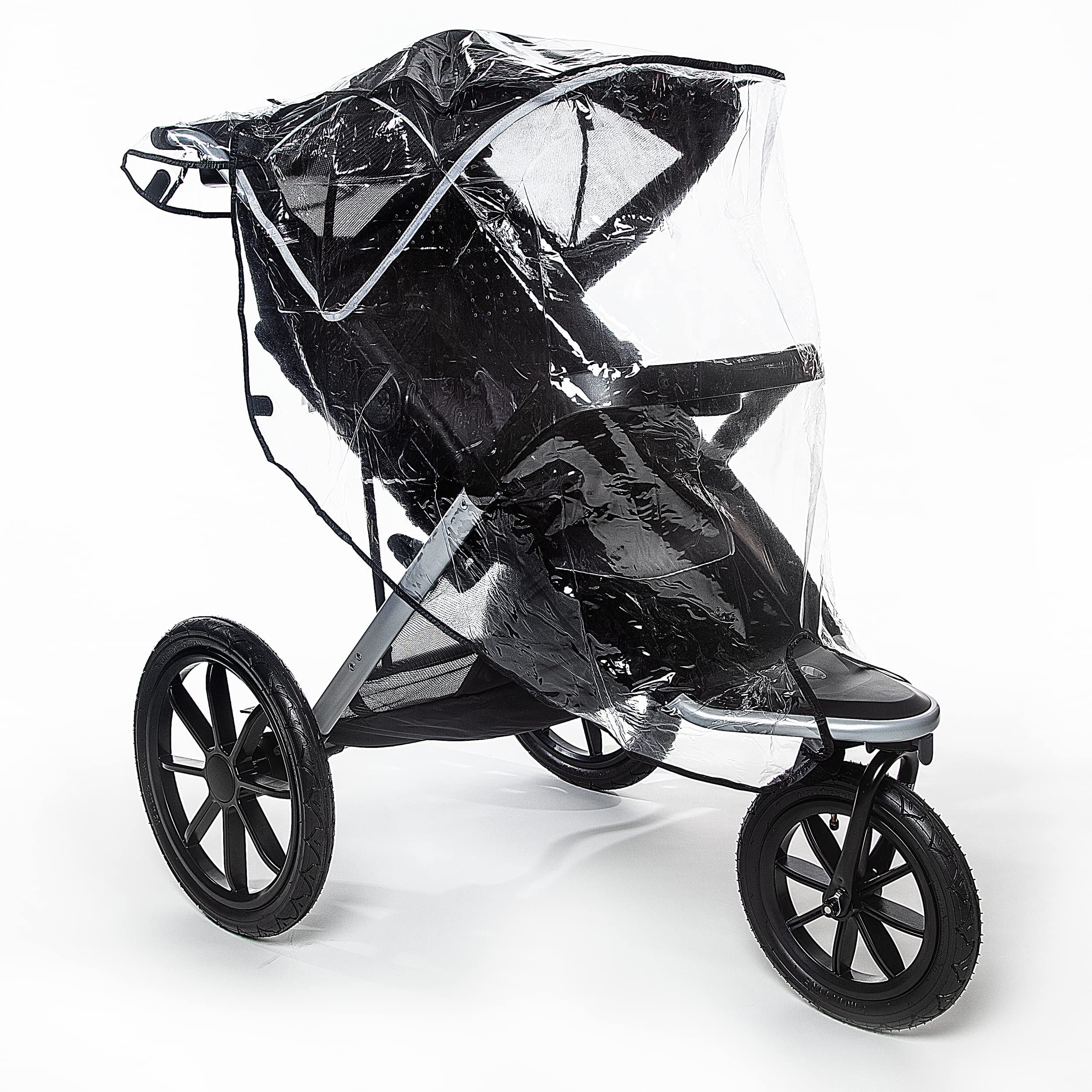 Graco universal rain cover over a jogging stroller with clear visibility