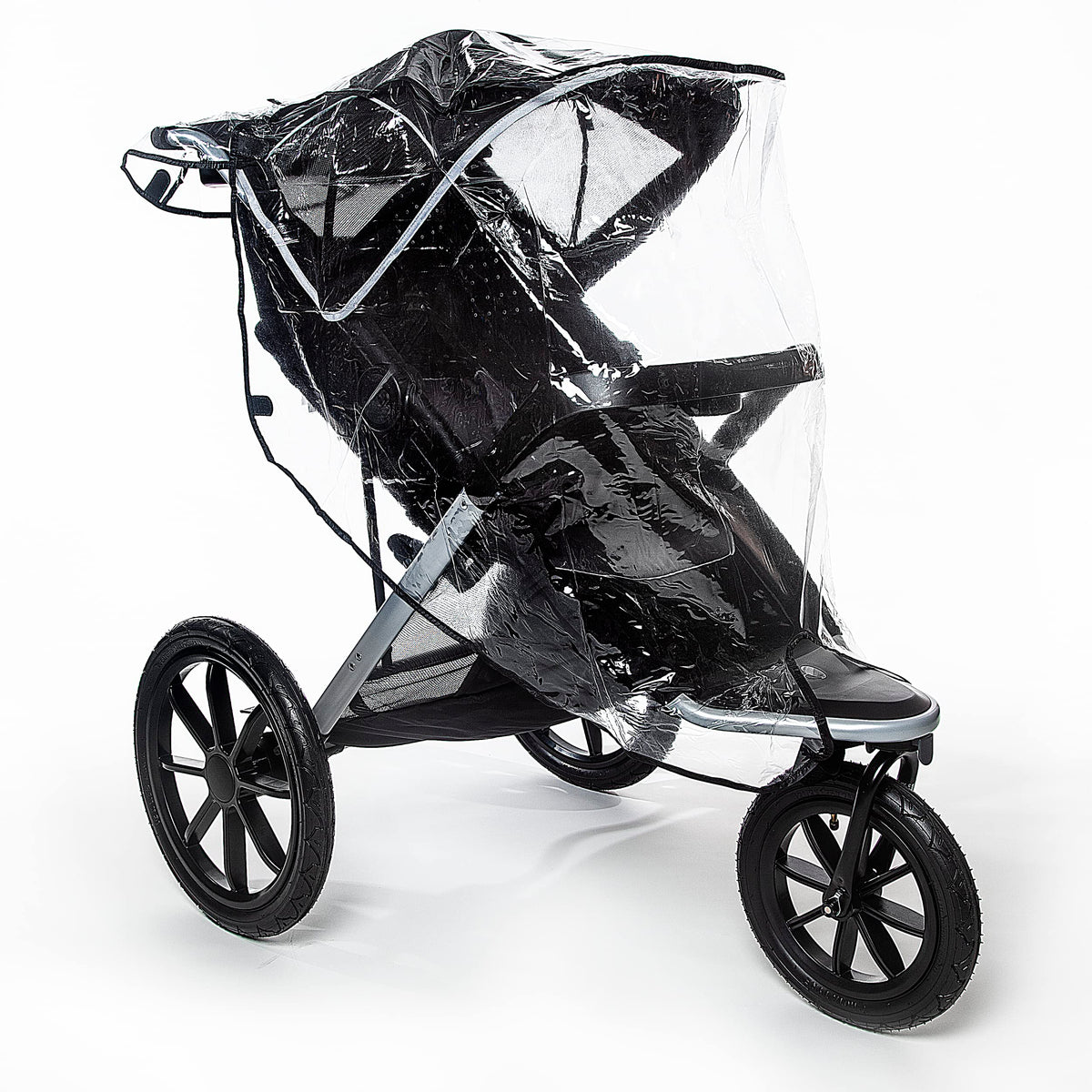 Graco universal rain cover over a jogging stroller with clear visibility