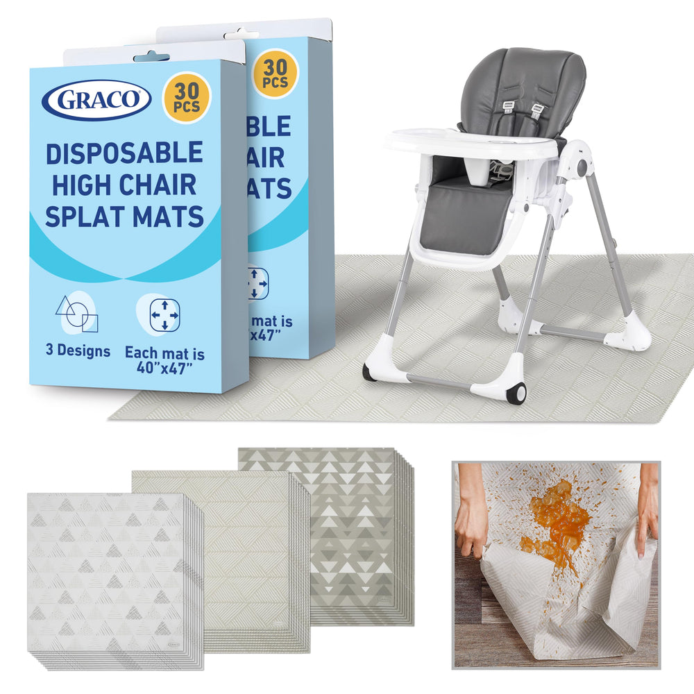 Graco Splat Mats under high chair provide full coverage to protect floors