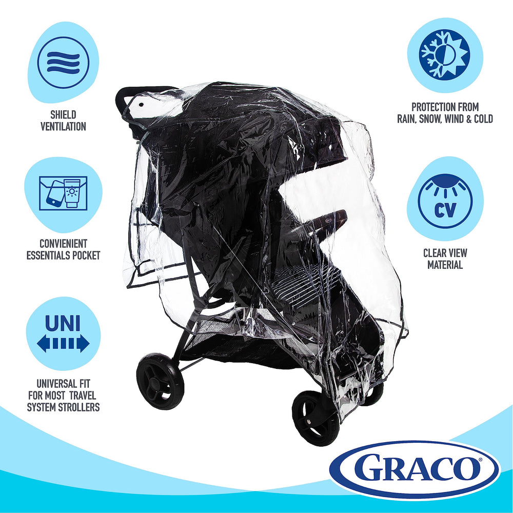 Graco stroller rain cover with ventilation preserves airflow for comfort.