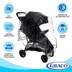 Graco stroller rain cover with ventilation preserves airflow for comfort.