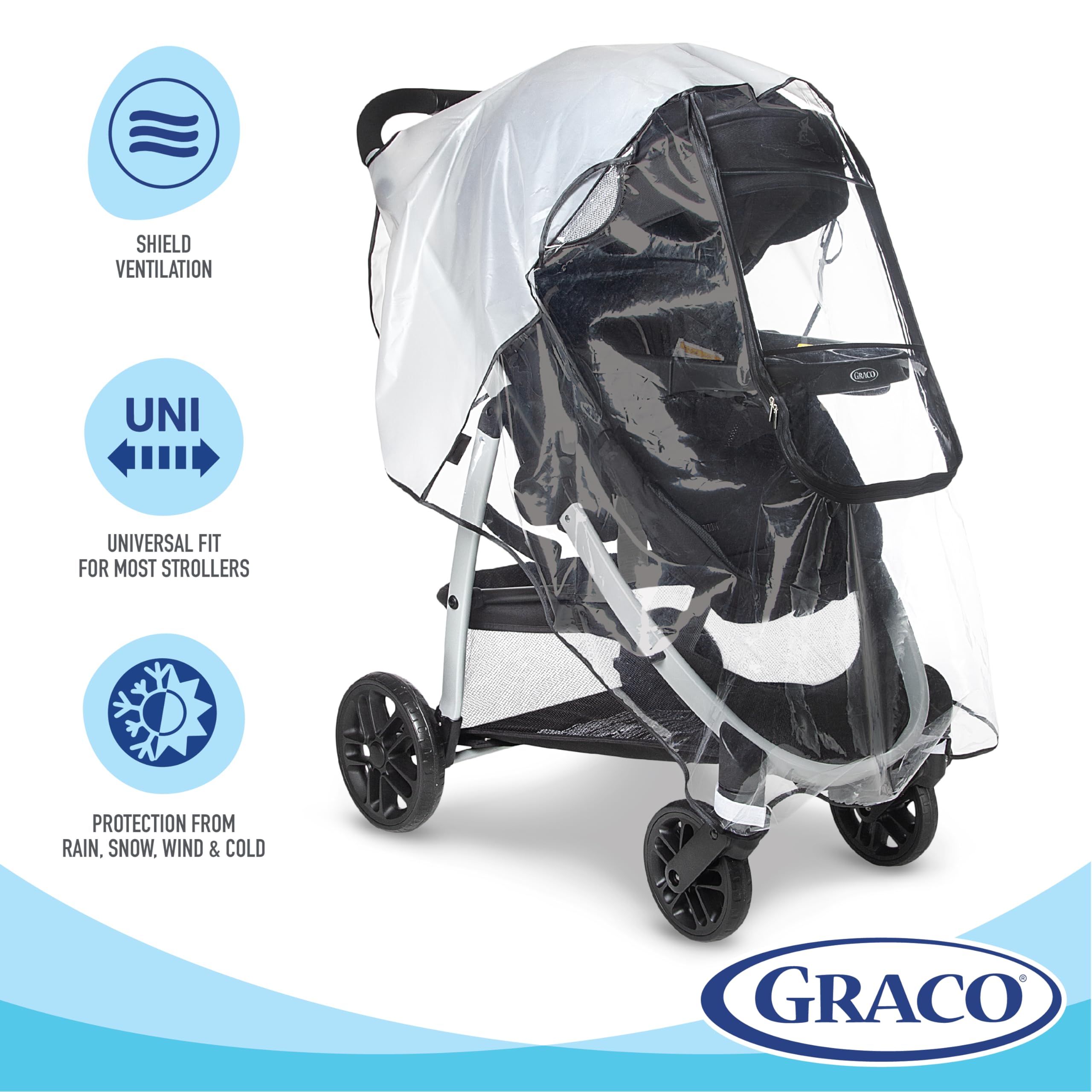 Graco Universal Deluxe Weather Shield EVA material keeps the cover flexible and safe to use.