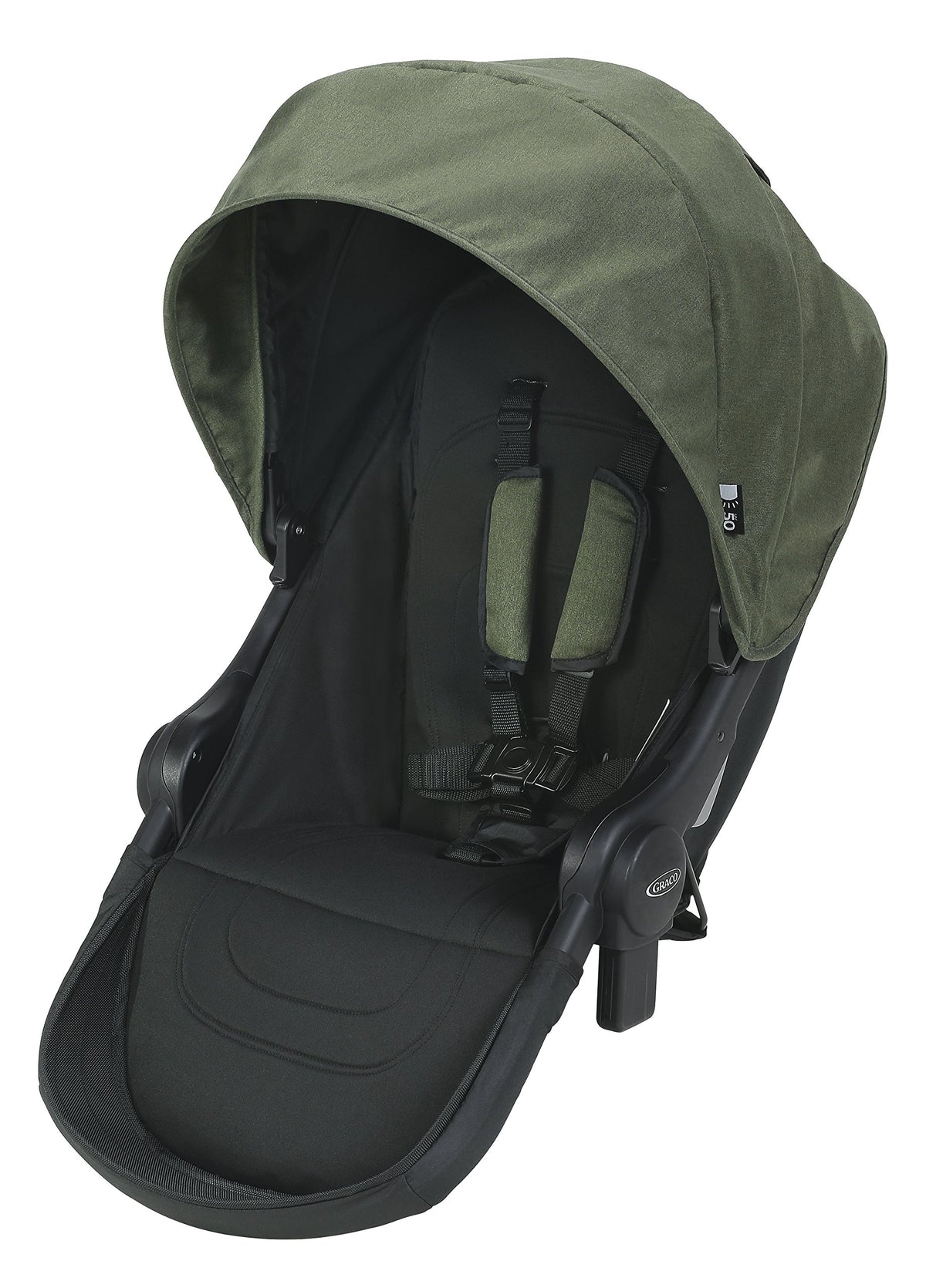 Graco UNO2DUO second seat attached to stroller frame, expanding capacity for a second child