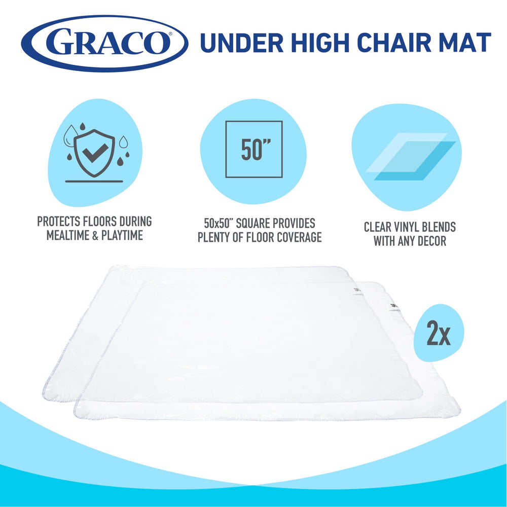 Graco waterproof splash mat under high chair catches food and drink splashes.