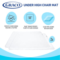 Graco waterproof splash mat under high chair catches food and drink splashes.