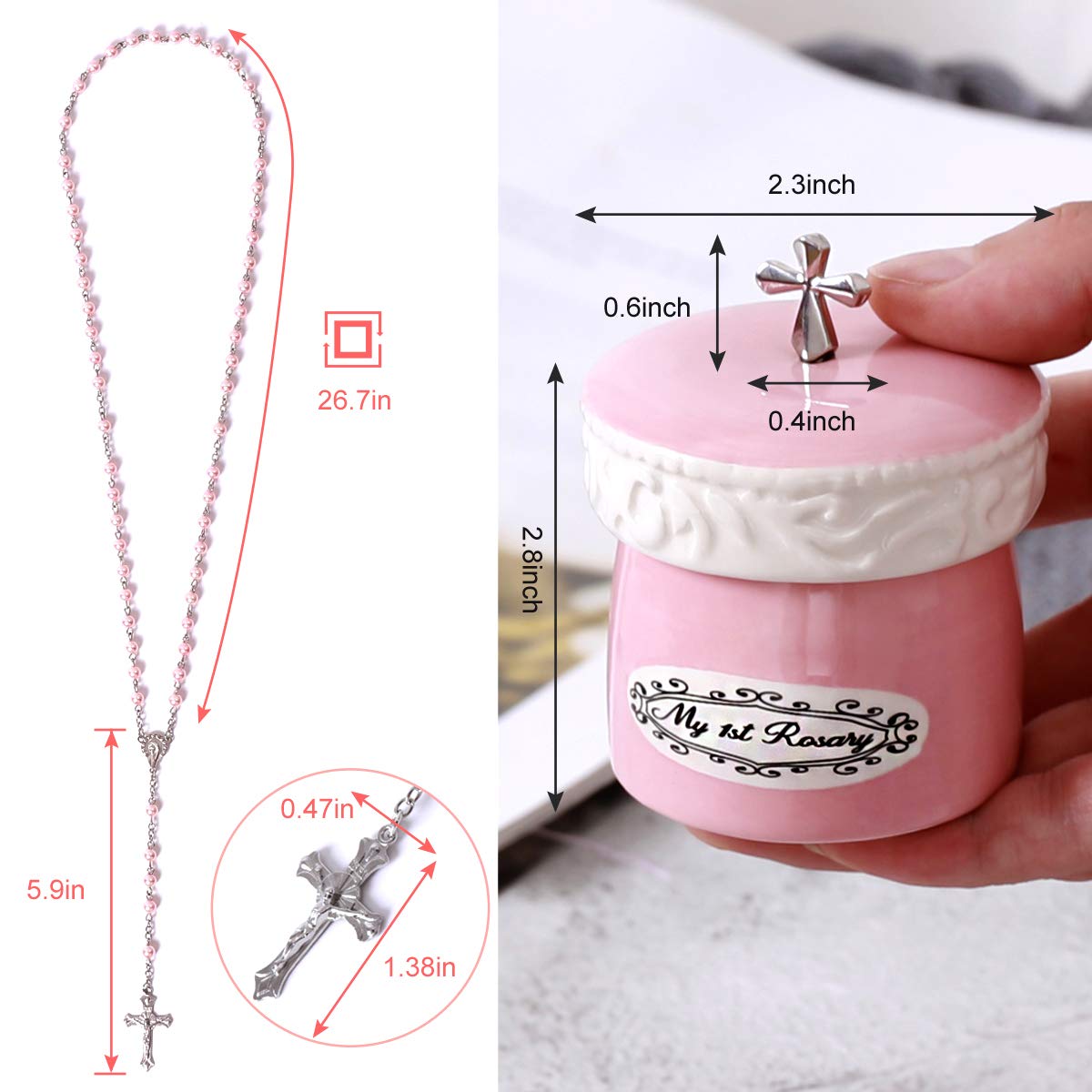Grandeco close-up of pink rosary beads and cross detailing