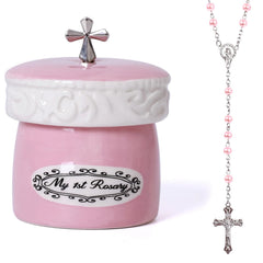 Grandeco My First Rosary Cross pink beads for baptism keepsake