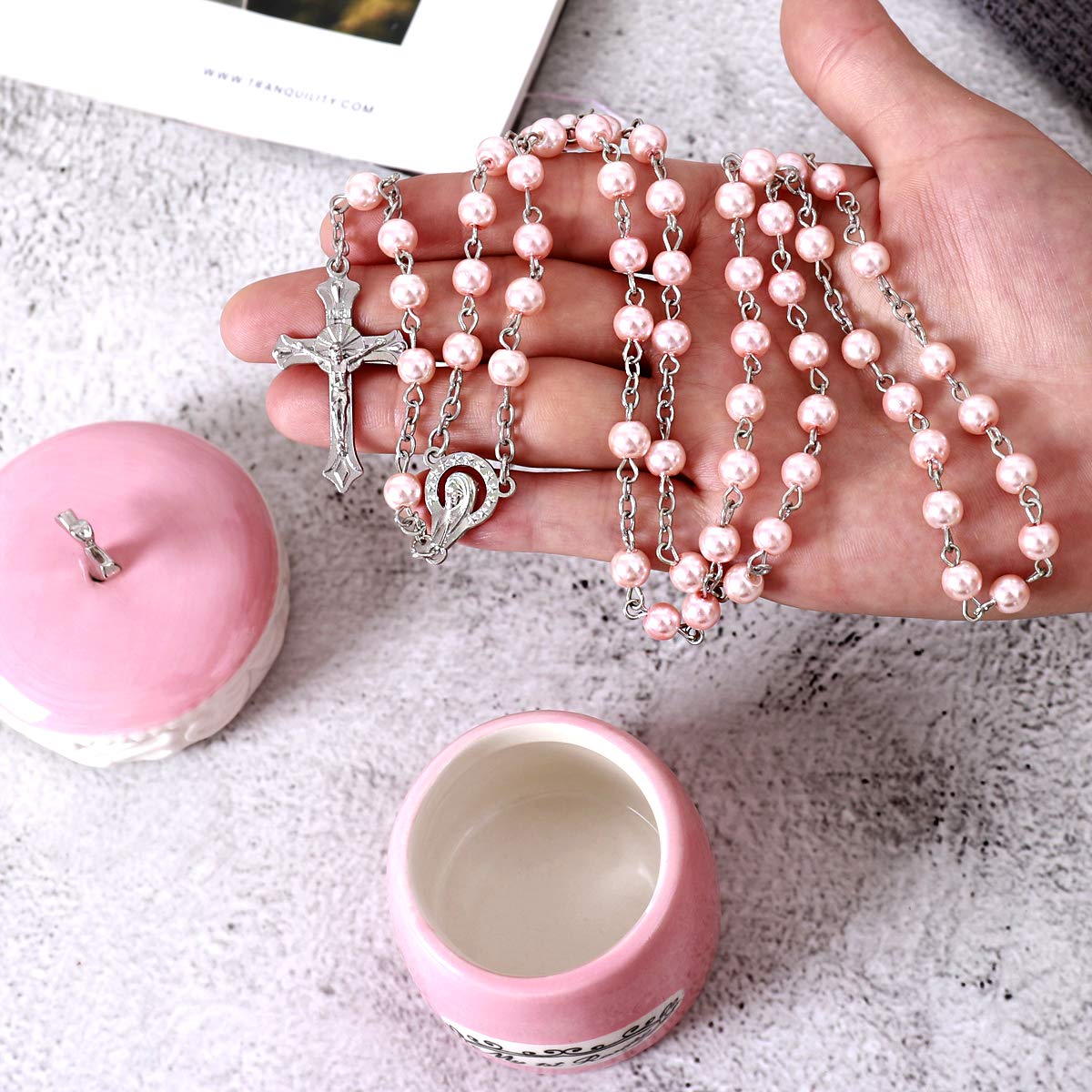 Grandeco pink rosary gift set packaging for gifting