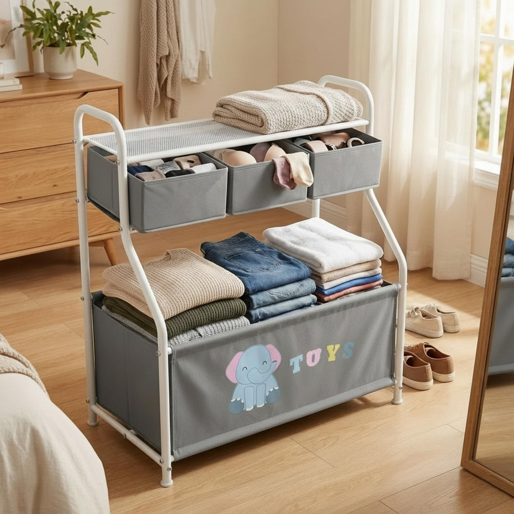 GRANNY SAYS gray storage cabinet side view showing sturdy metal frame and fabric bins