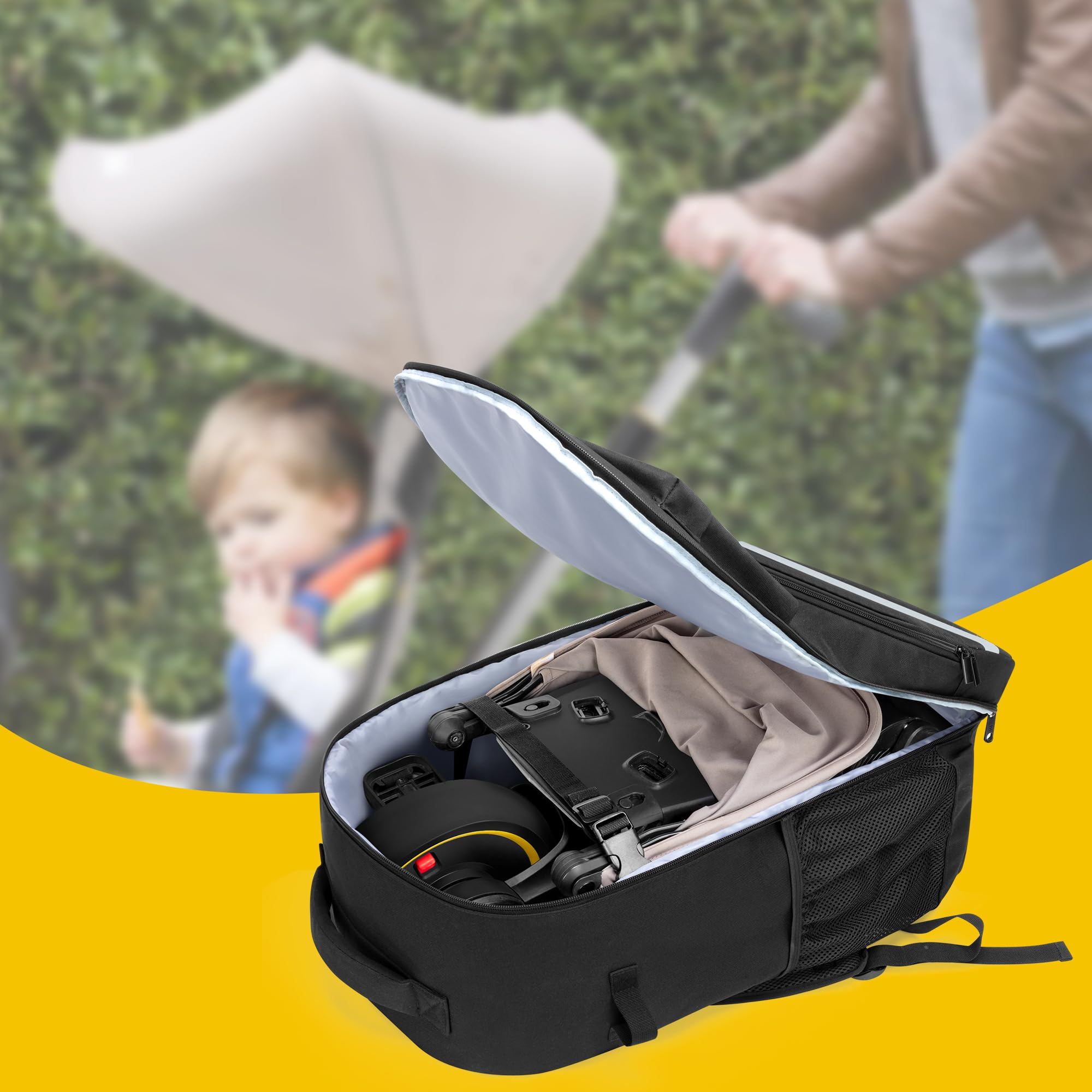 GRAOSO bag features reflective strip and luggage tag for visibility in transit.