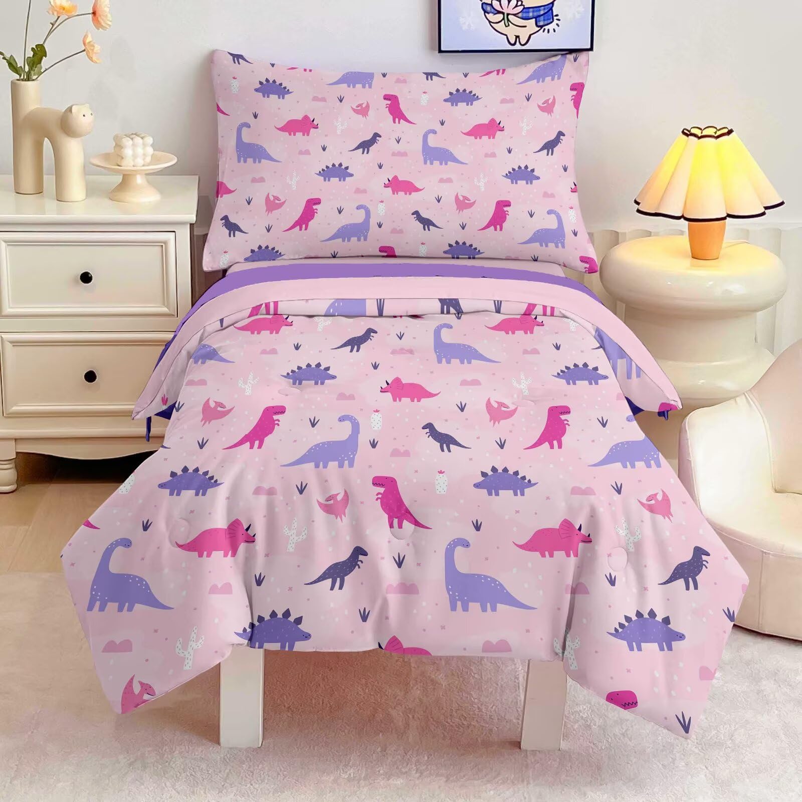 GRAT TIOC pink dinosaur flat sheet shown with crisp edges for comfort.