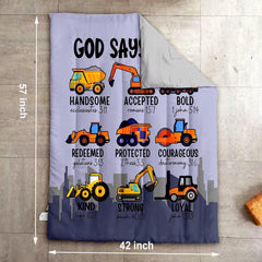 GRAT TIOC construction vehicles pattern adds playful energy to the room.