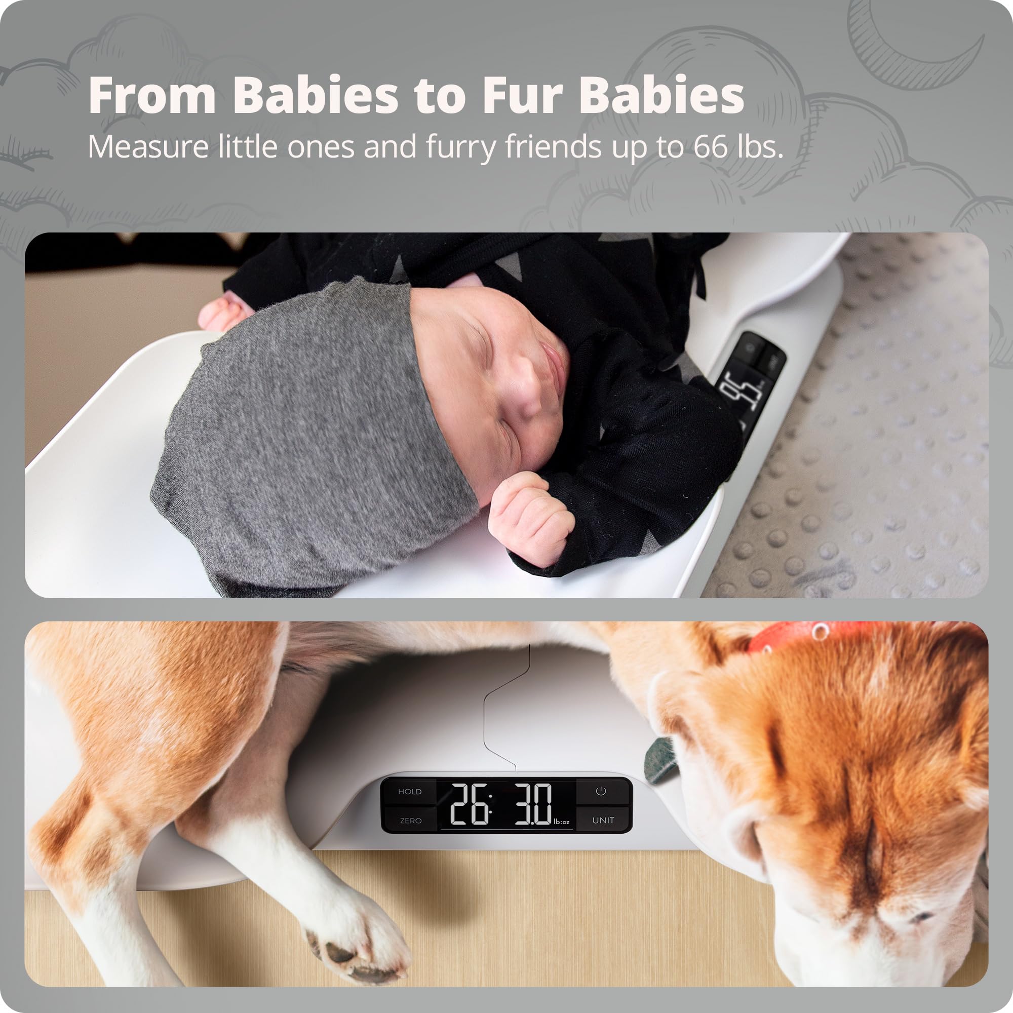 Greater Goods hold function locks the reading despite baby movement for clarity.