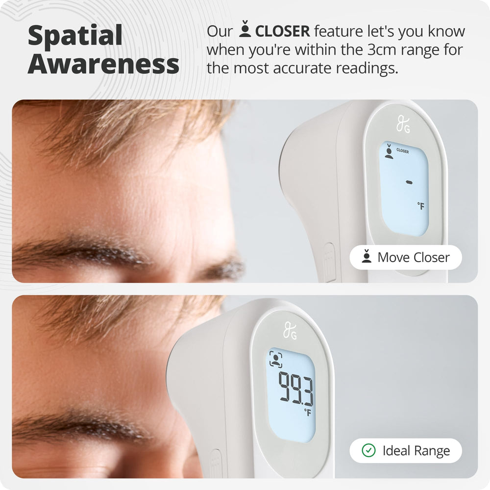 Greater Goods No-Touch thermometer fever alarm highlights elevated temps at a glance.