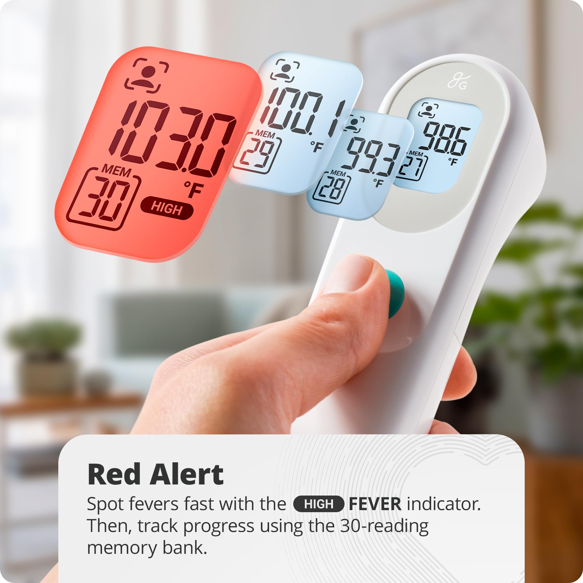 Greater Goods No-Touch thermometer in kids mode delivers gentle, quiet readings.
