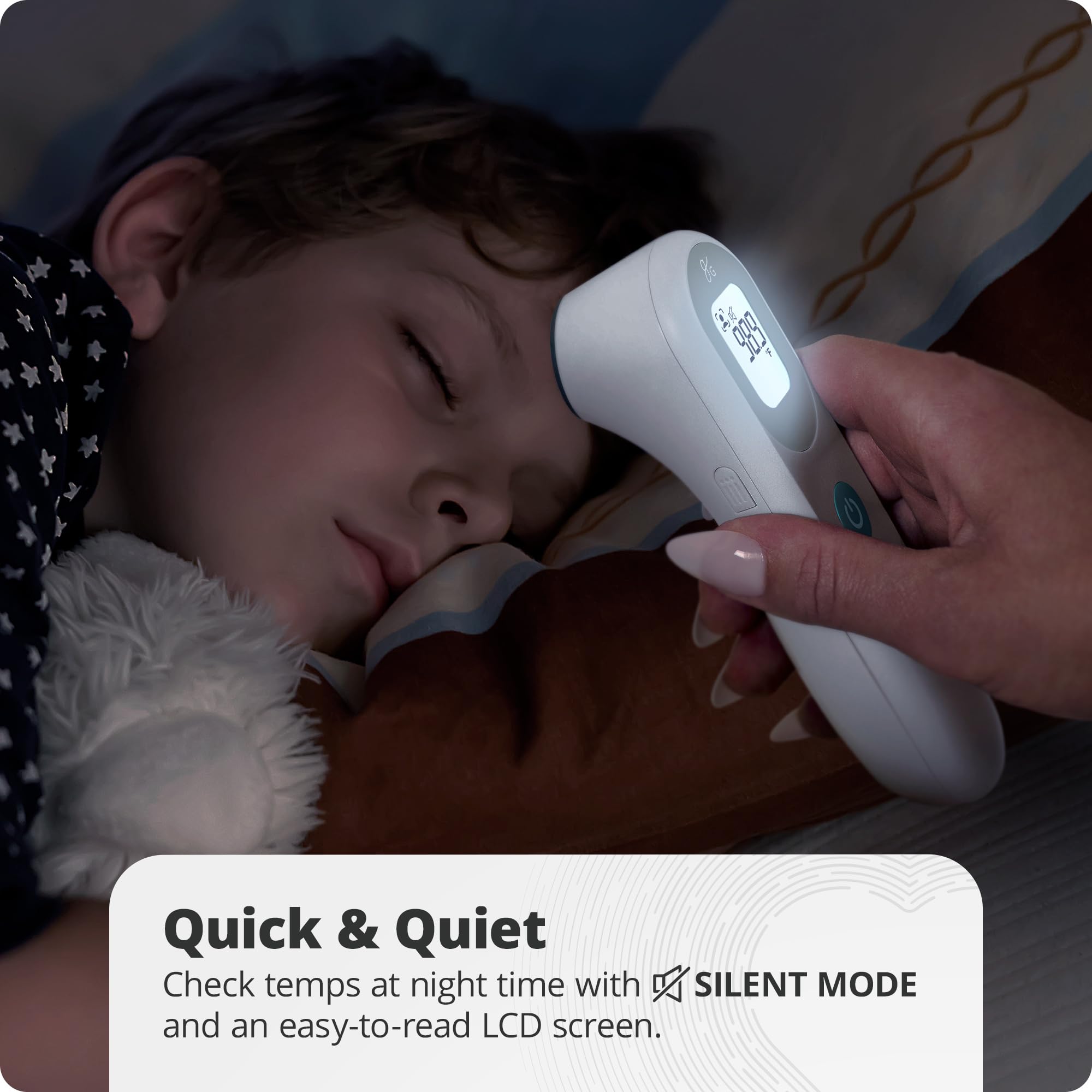 Greater Goods No-Touch thermometer memory stores up to 30 readings for tracking.