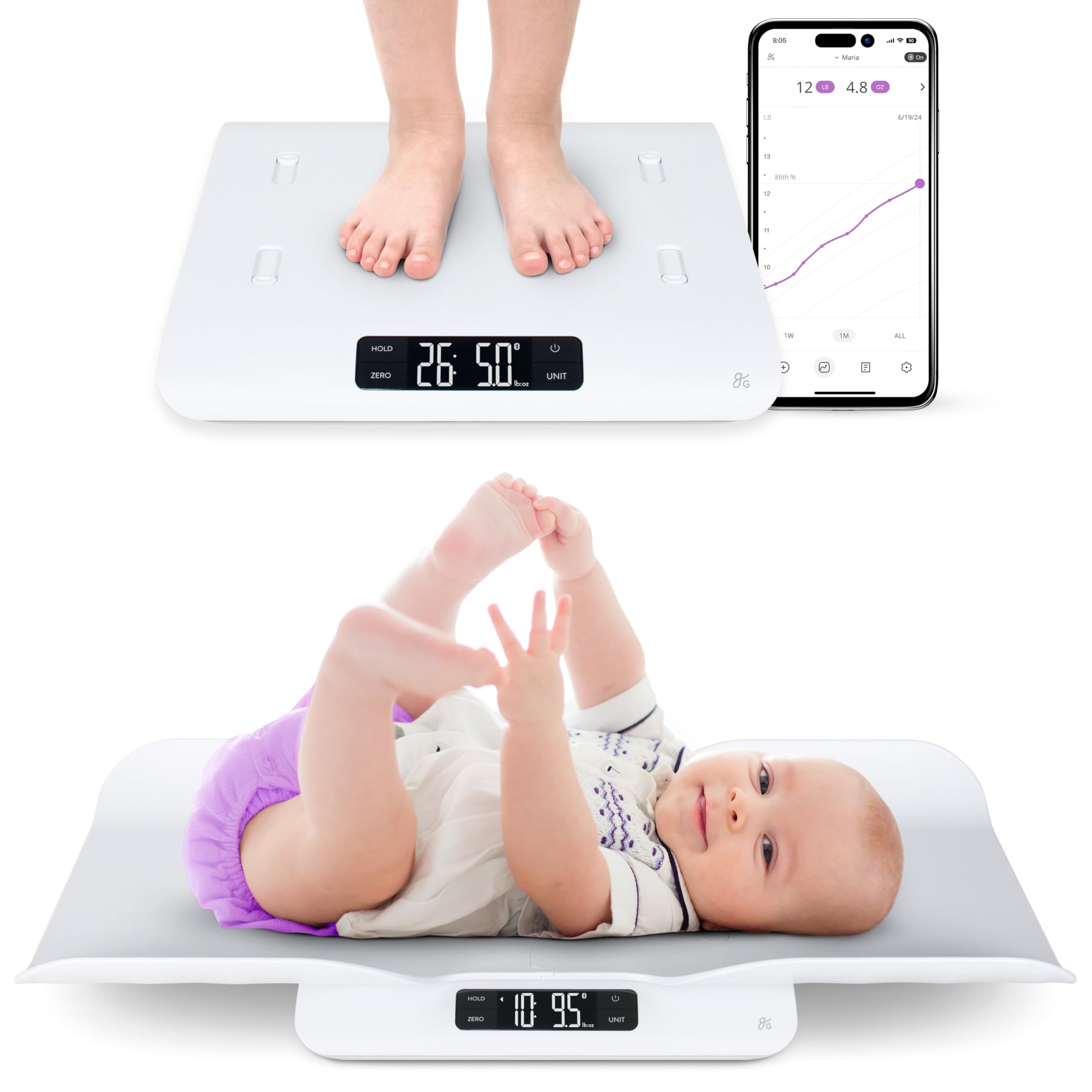 Greater Goods Smart Bluetooth Baby Scale displays precise weight for home growth tracking.