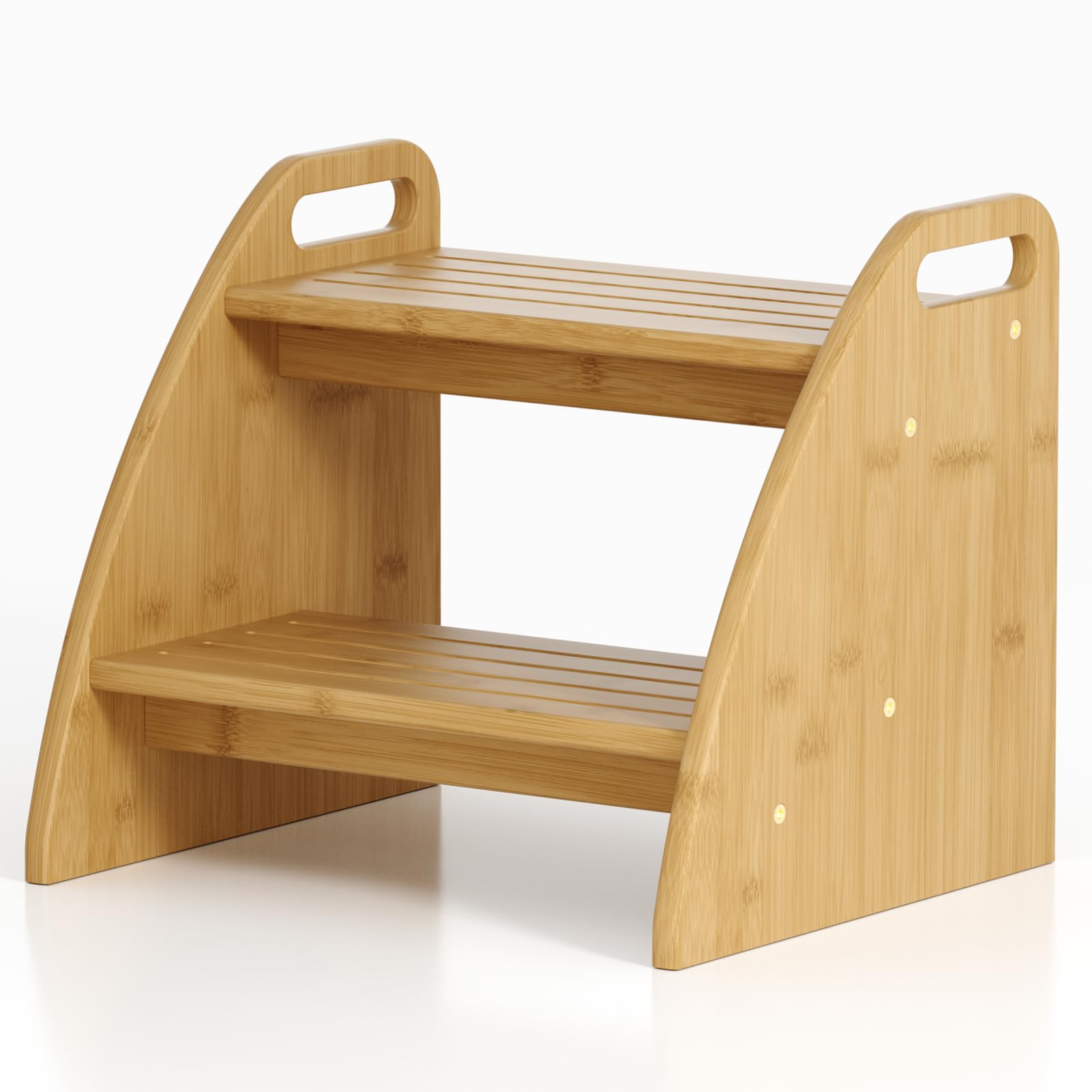 Gredak bamboo toddler step stool with non-slip top for safer bathroom sink access.