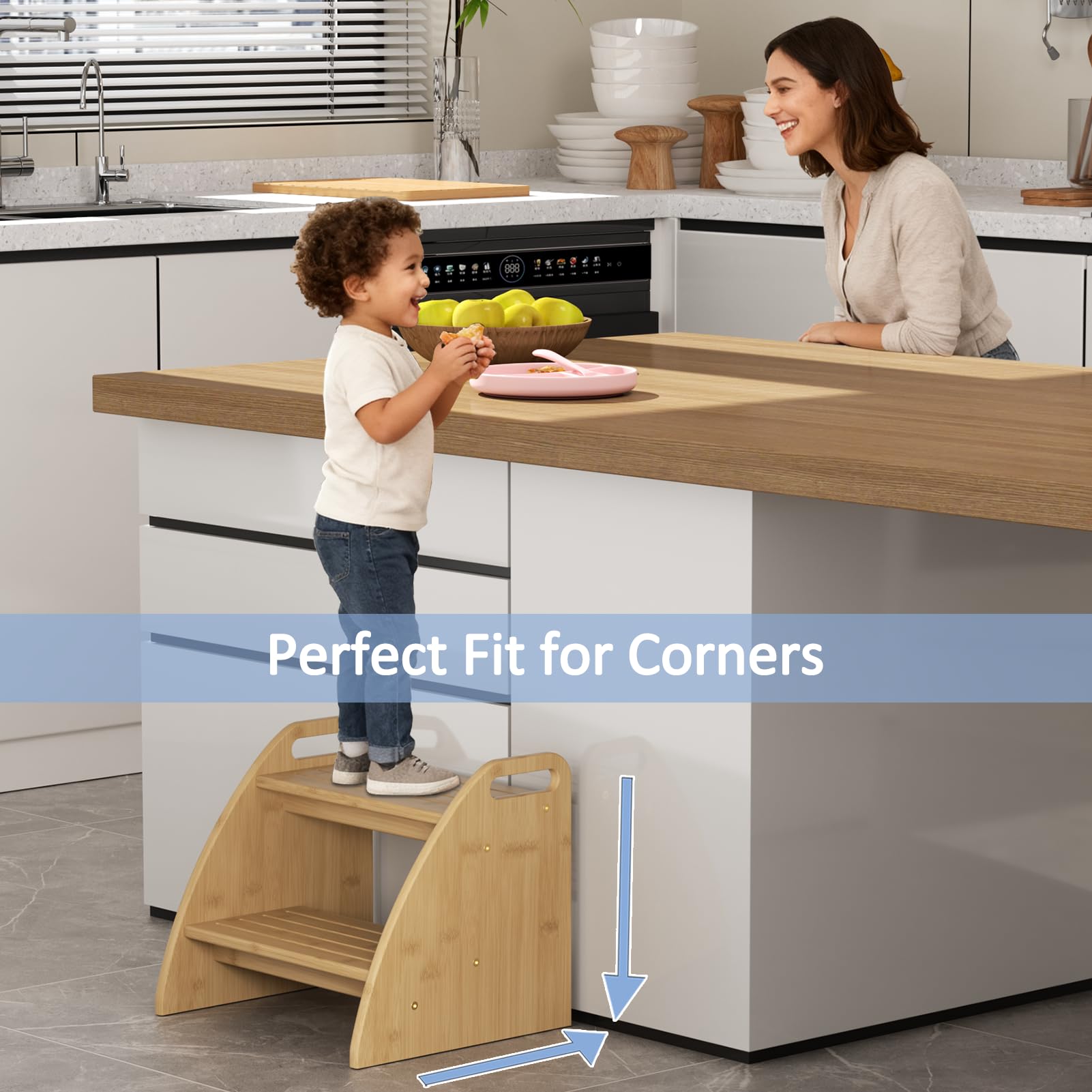 Gredak toddler stool at kitchen counter helps kids reach without strain.