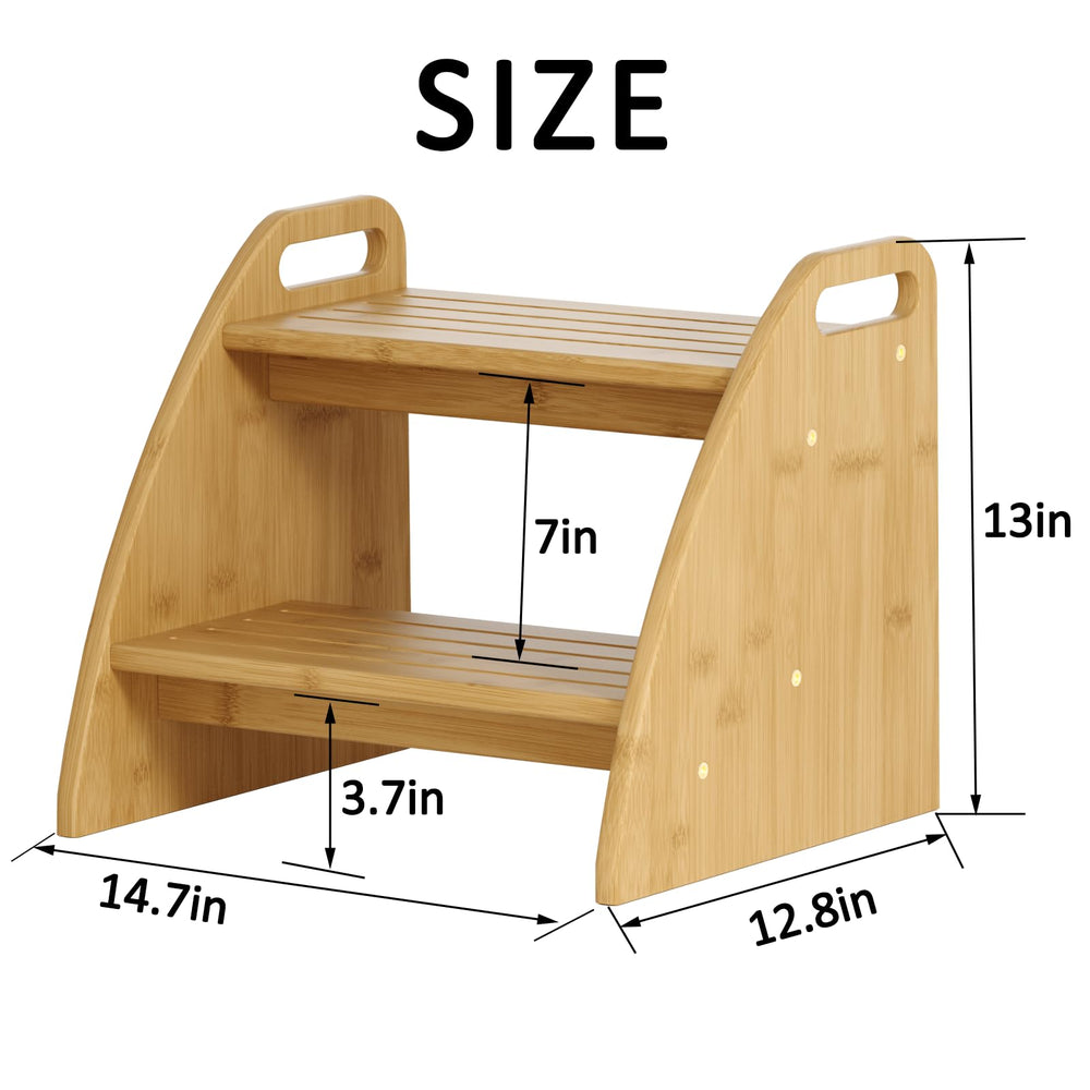 Gredak wooden step stool demonstrates sturdy 300lbs capacity beside a high bed.