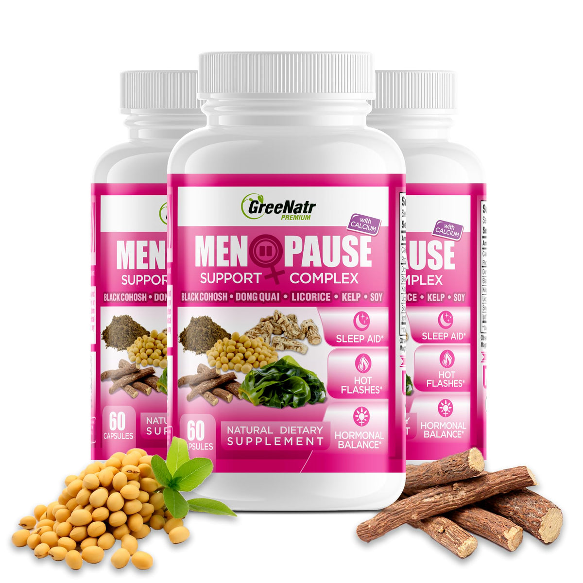 GreeNatr menopause supplement bottle for daily support during perimenopause.