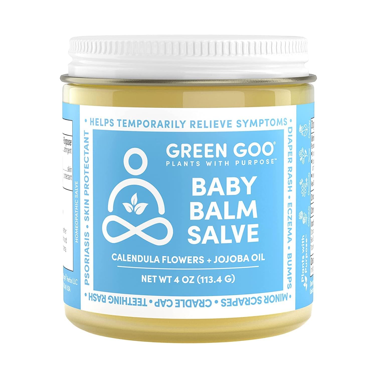 Green Goo Baby Balm jar close-up; gentle, plant-based moisturizer for delicate baby skin.