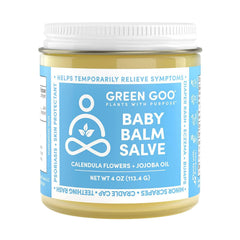 Green Goo Baby Balm jar close-up; gentle, plant-based moisturizer for delicate baby skin.