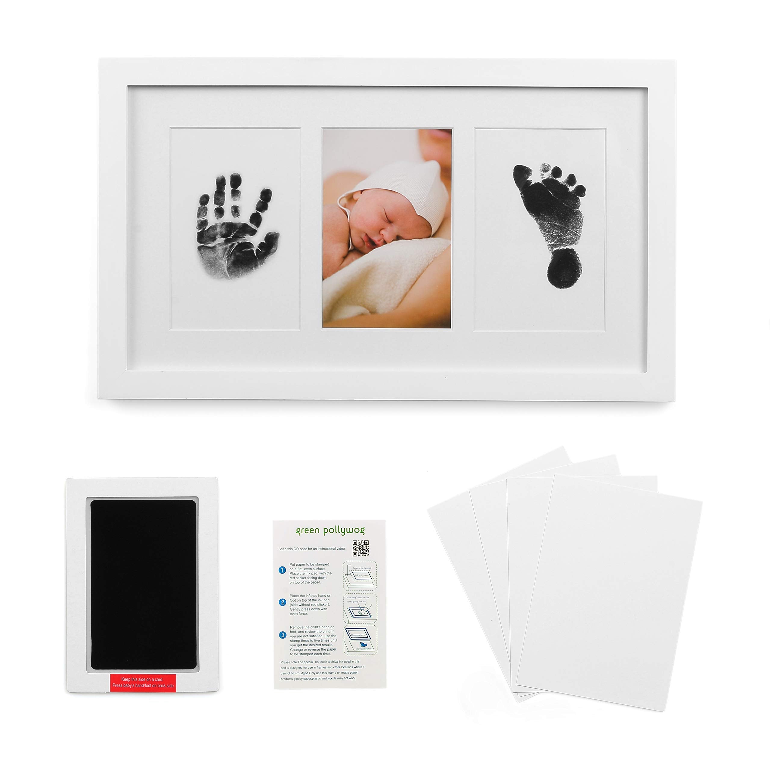 Green Pollywog baby handprint frame close-up; elegant white finish.