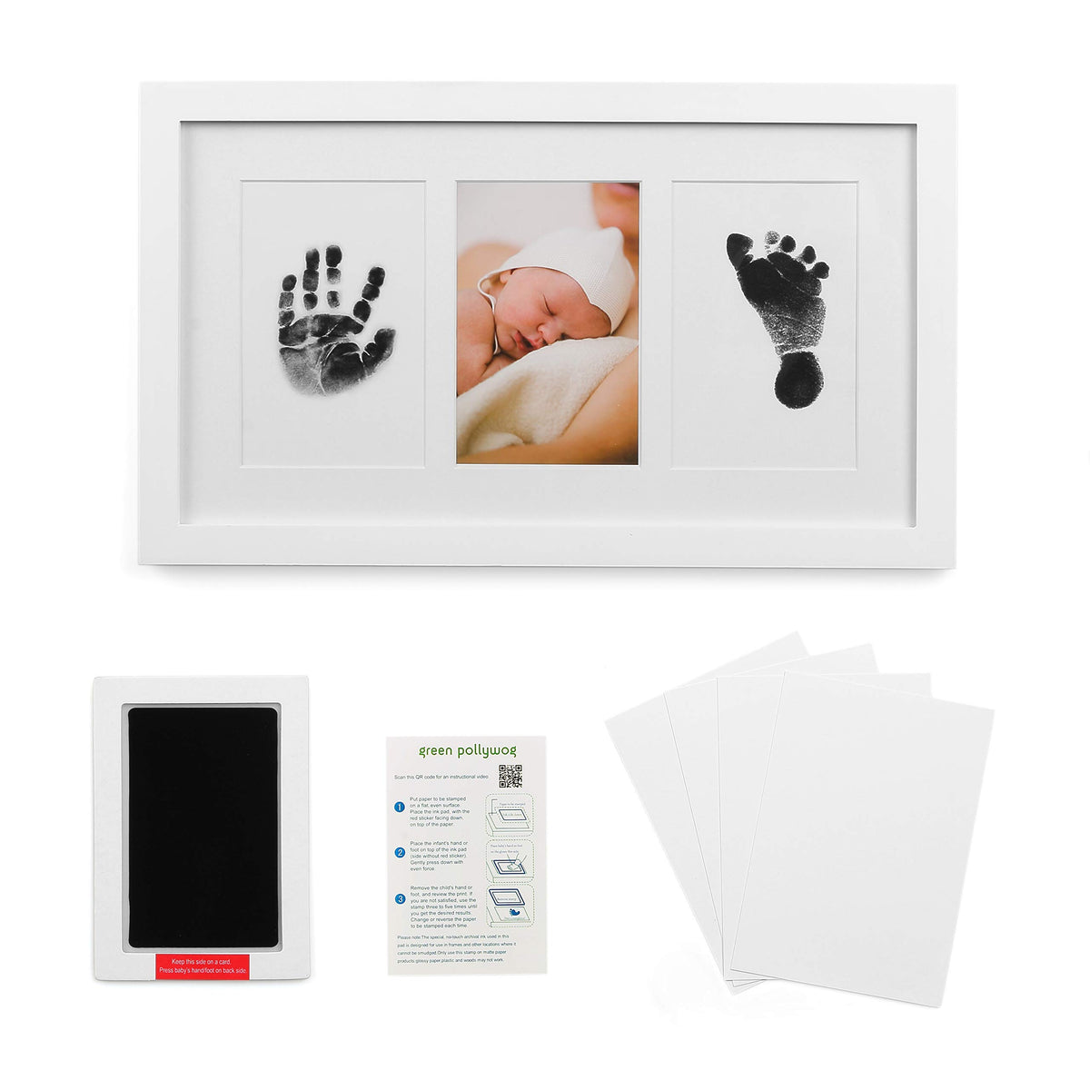 Green Pollywog baby handprint frame close-up; elegant white finish.