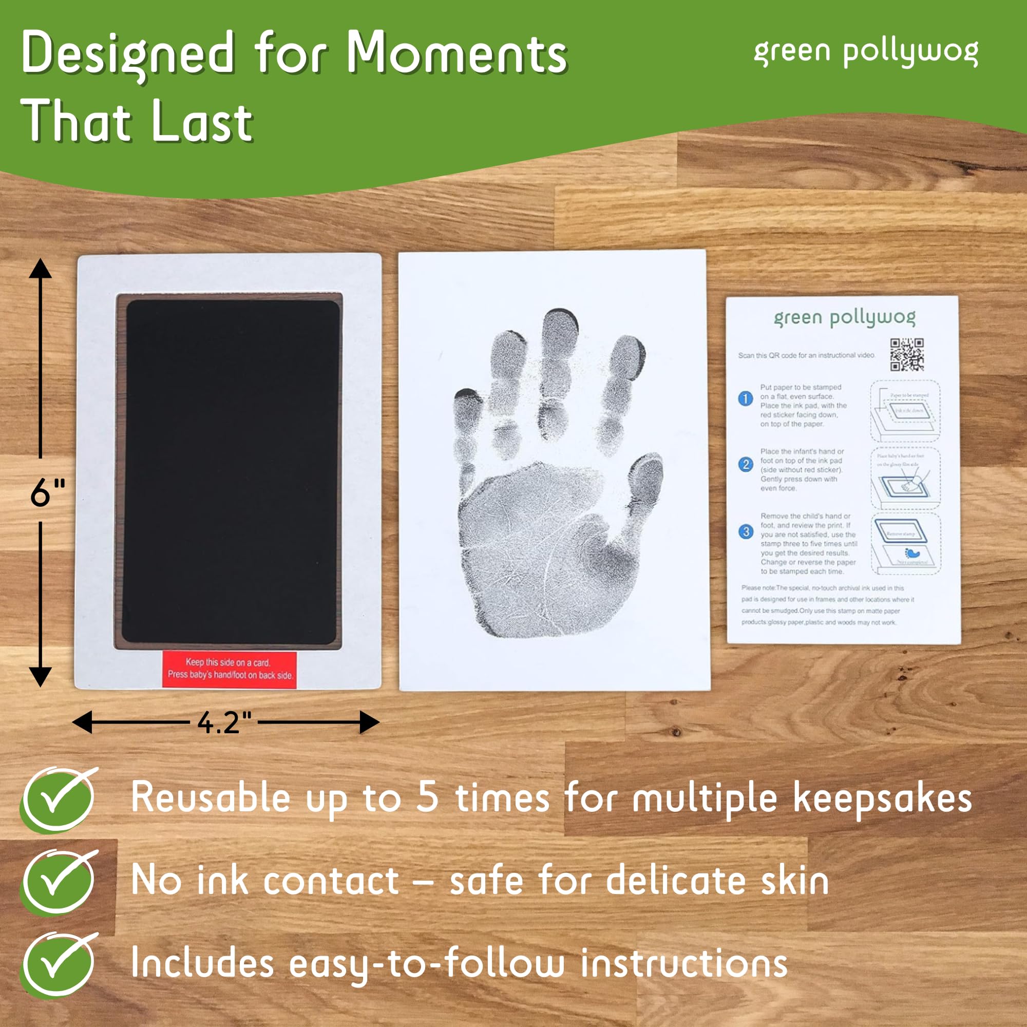 Green Pollywog instruction card guides optimal results for clean prints.