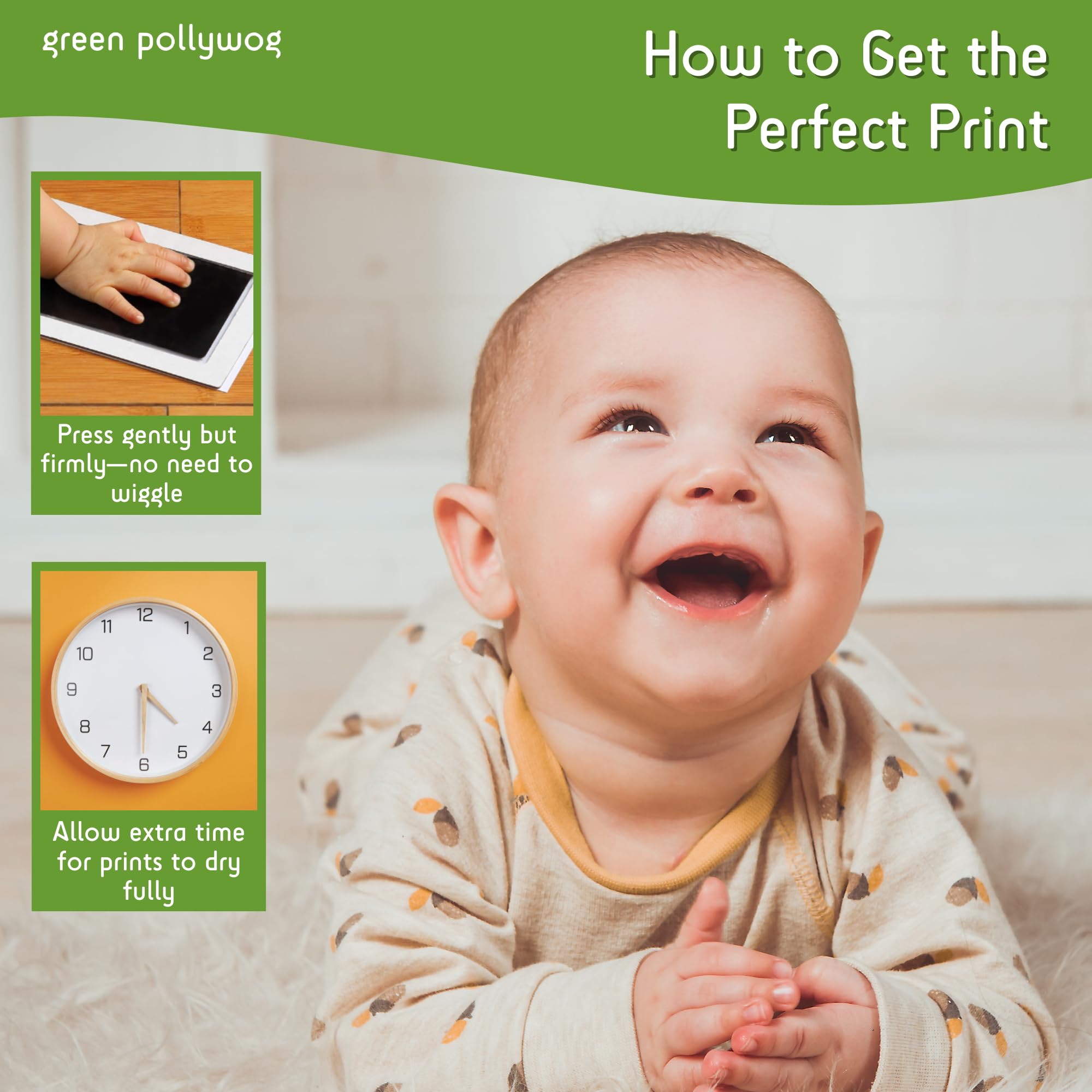 Green Pollywog mess-free stamping preserves memories without ink smudges.