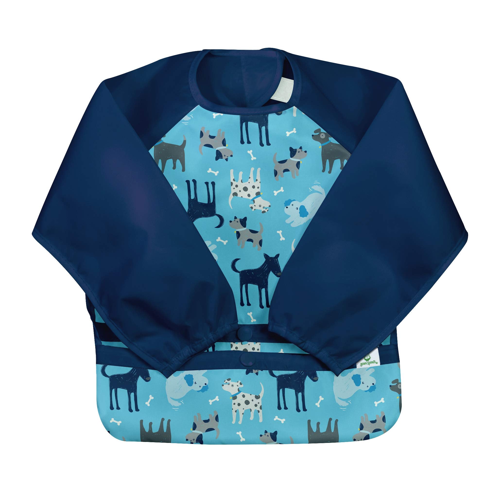 Green Sprouts Easy-wear long sleeve bib offers full-coverage waterproof protection during meals.