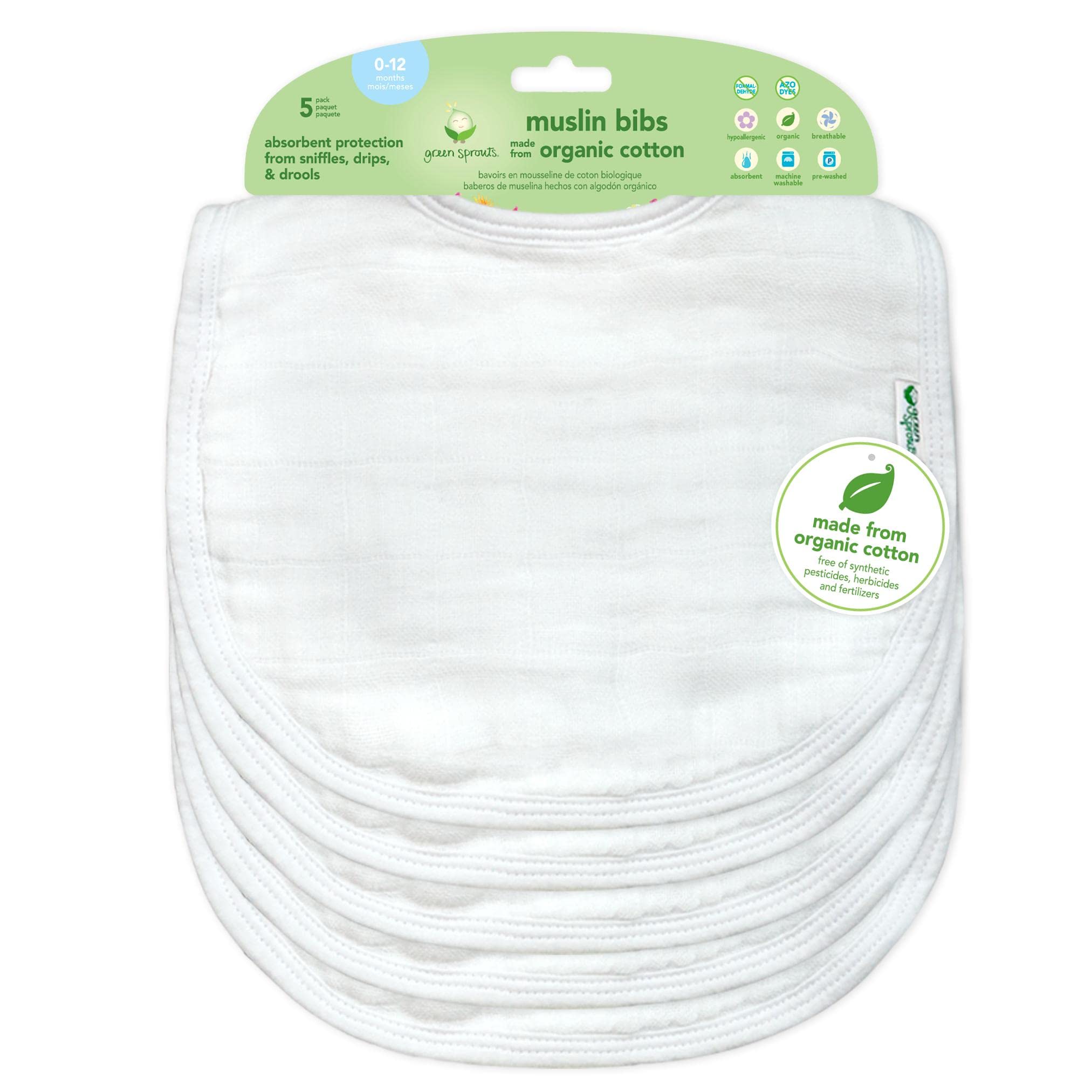 Green Sprouts muslin bibs striped design, soft and gentle against baby's skin.