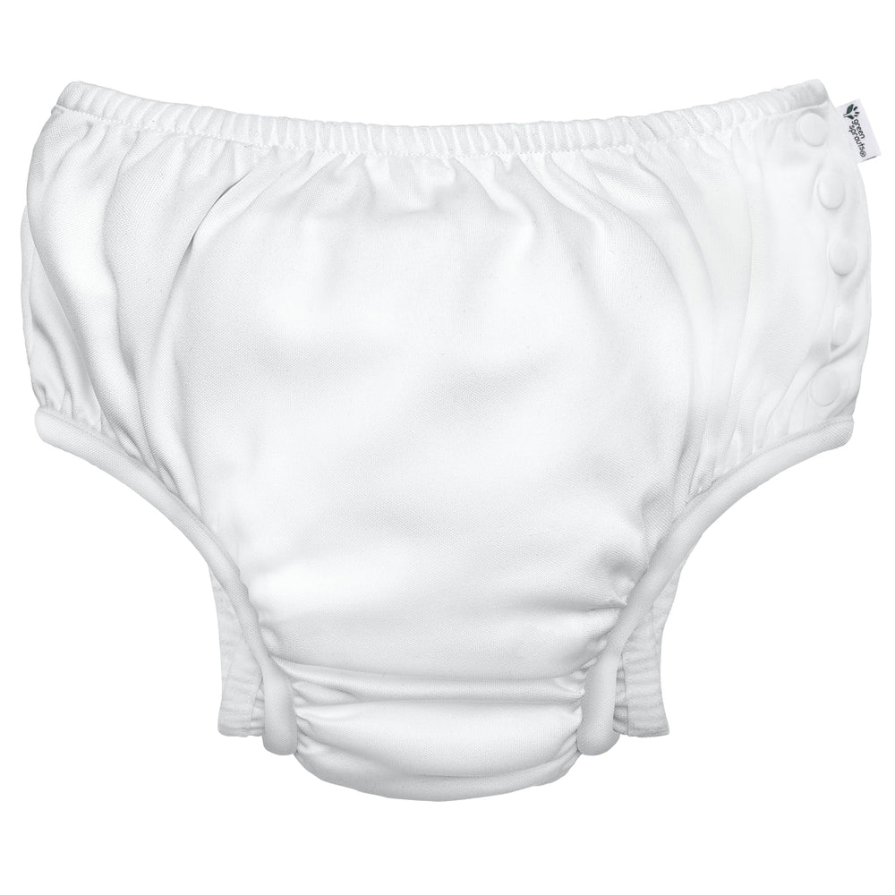Green Sprouts reusable snap swim diaper in white, front view for comfy water play.