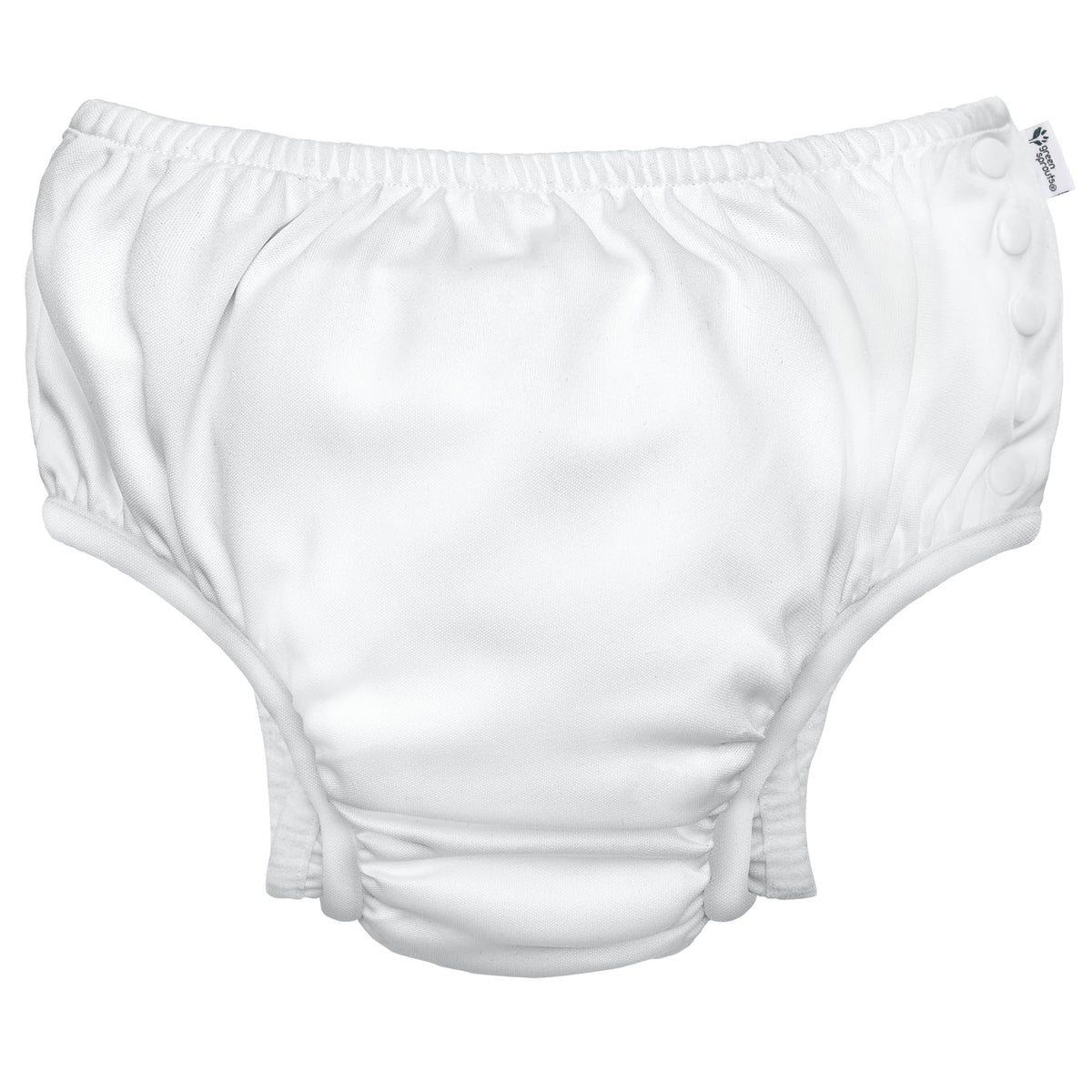 Green Sprouts reusable snap swim diaper in white, front view for comfy water play.