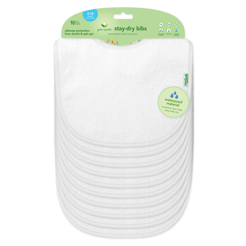 Green Sprouts Stay-Dry Bib pack front view showing waterproof protection for drool
