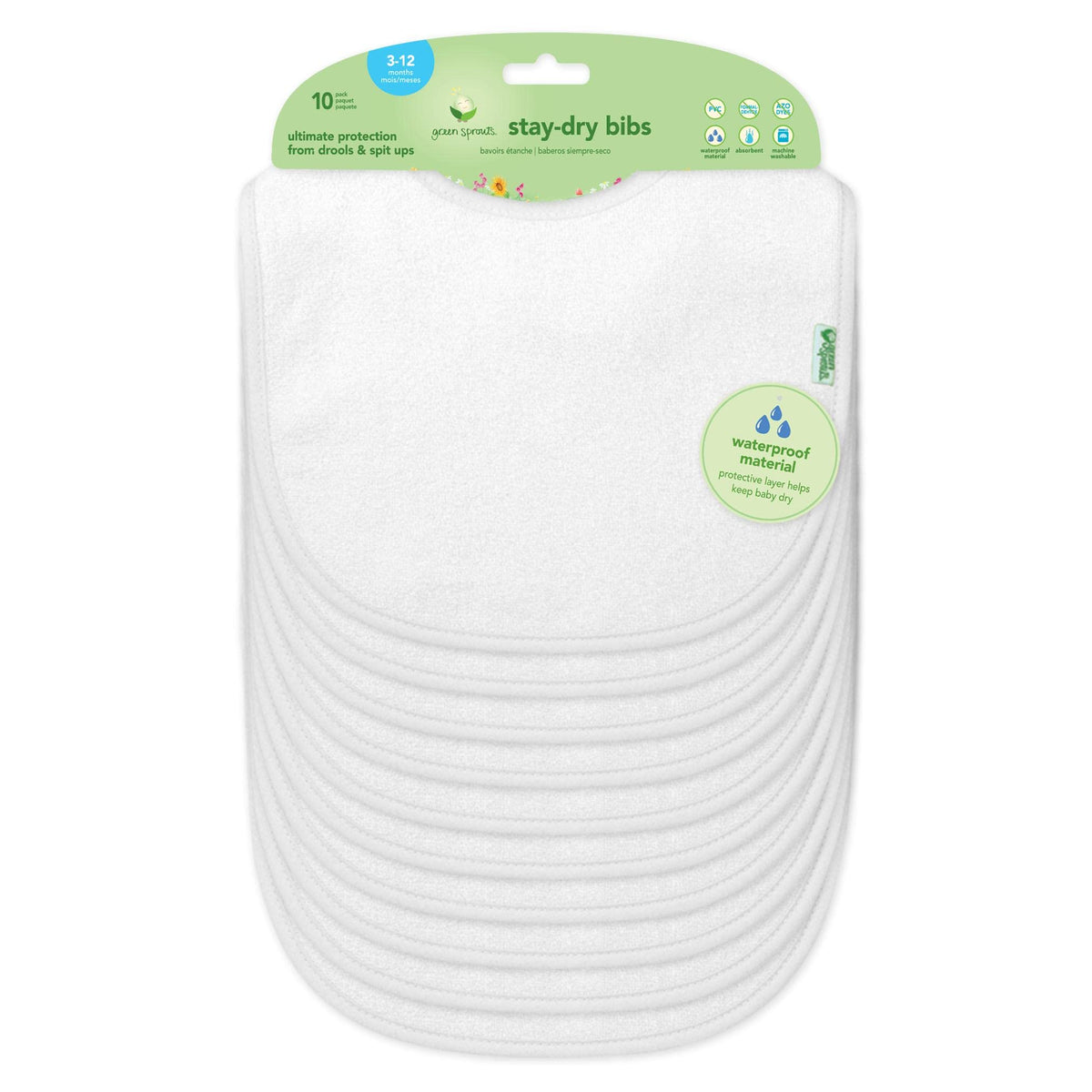 Green Sprouts Stay-Dry Bib pack front view showing waterproof protection for drool