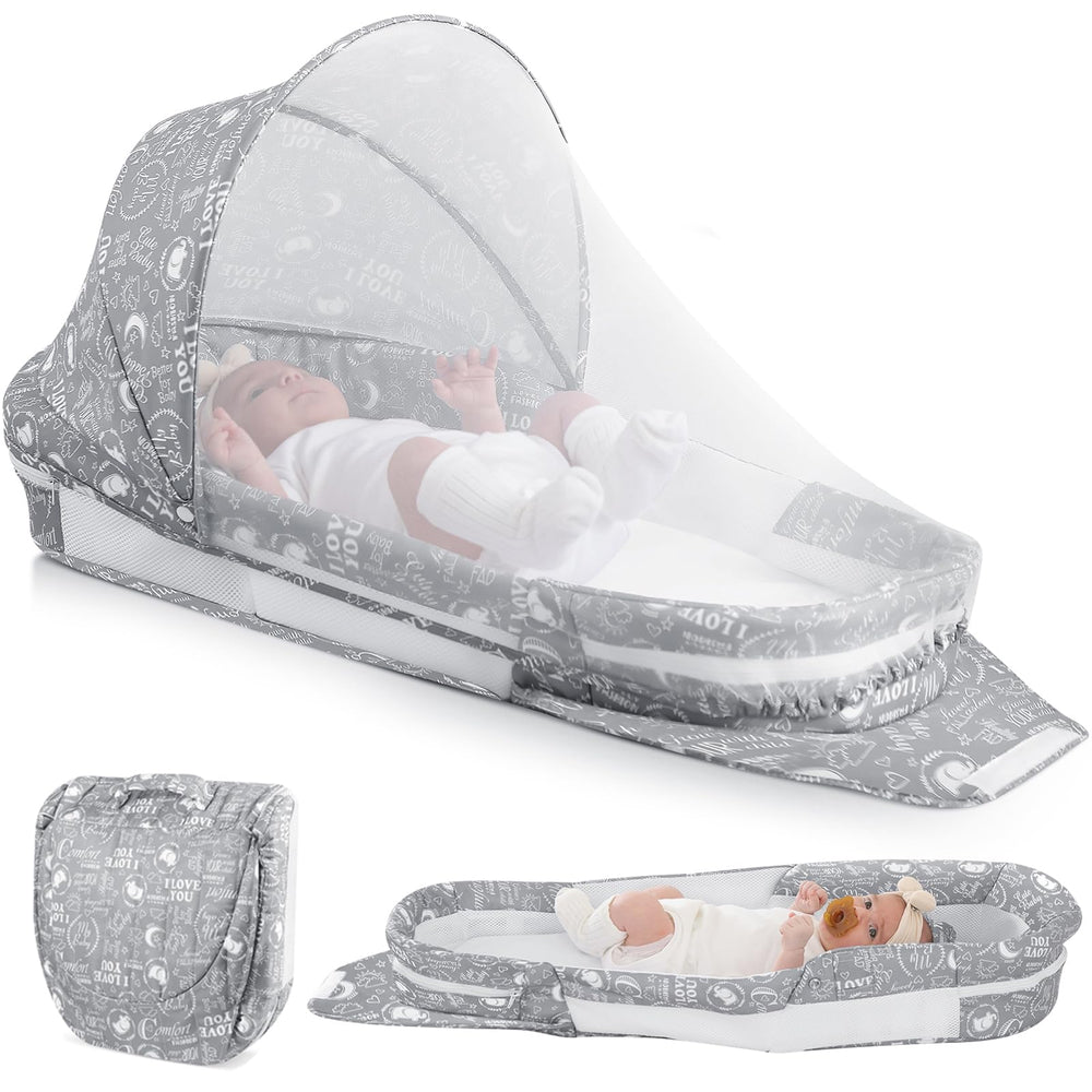 Greenecocs portable baby lounger gray folded for easy carry and storage.