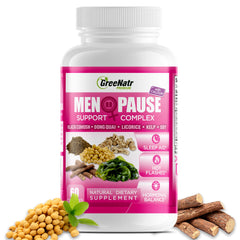 GreeNatr menopause supplements bottle highlights natural multi-symptom relief.