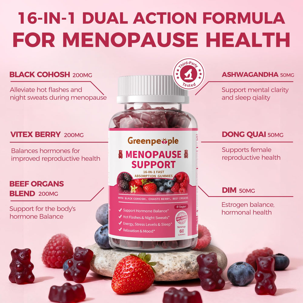 GREENPEOPLE menopause gummies packaging closeup highlights sugar-free gluten-free formulation
