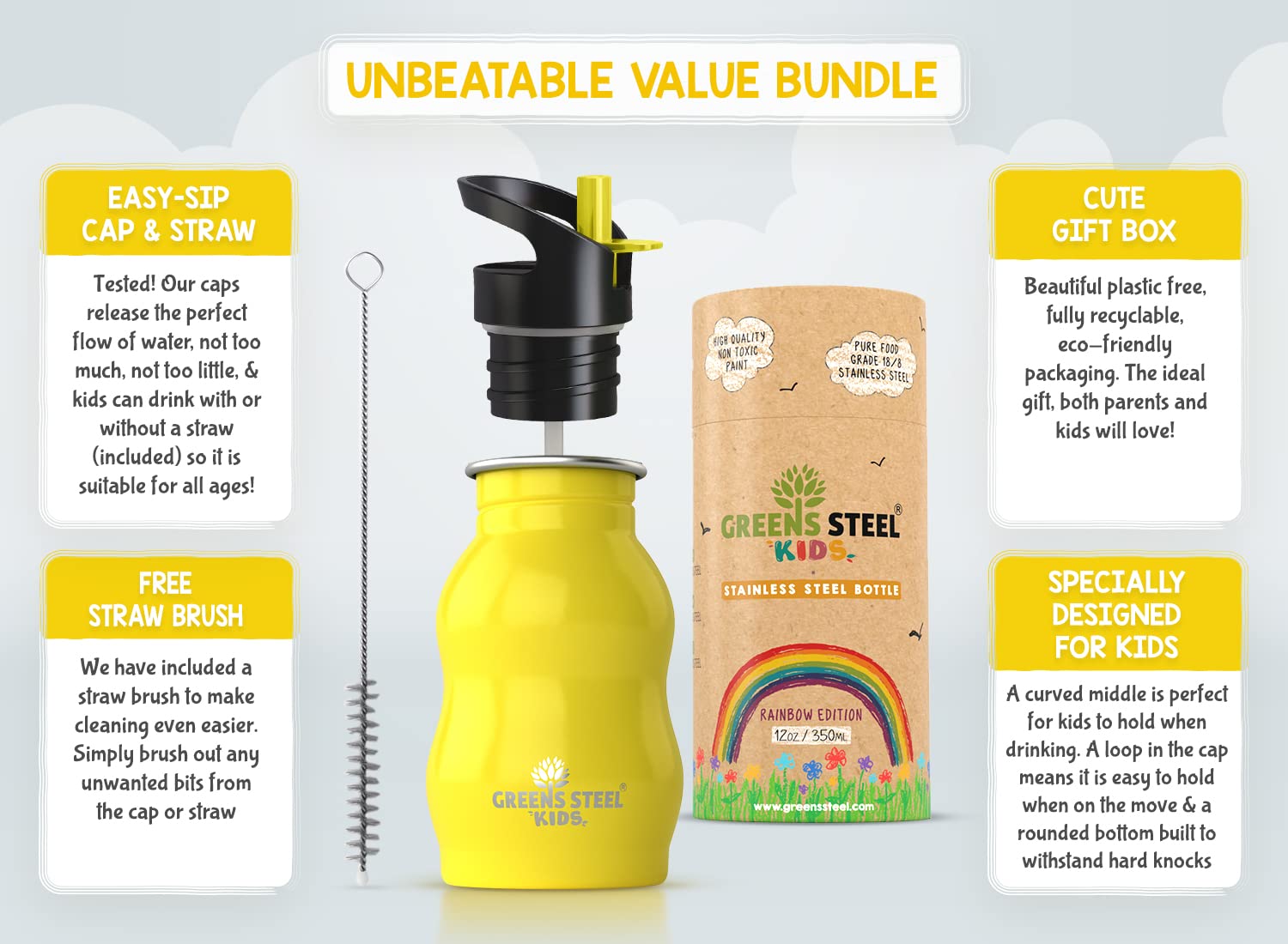 Greens Steel kids bottle 12oz with leakproof lid for secure travel