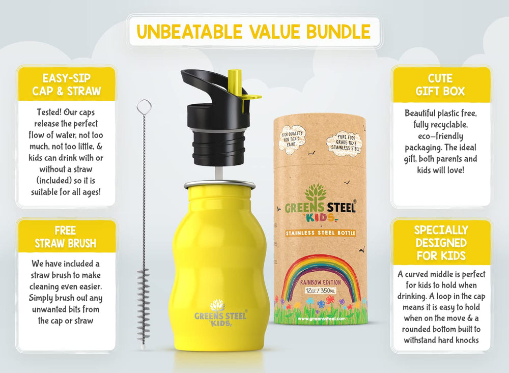 Greens Steel kids bottle 12oz with leakproof lid for secure travel