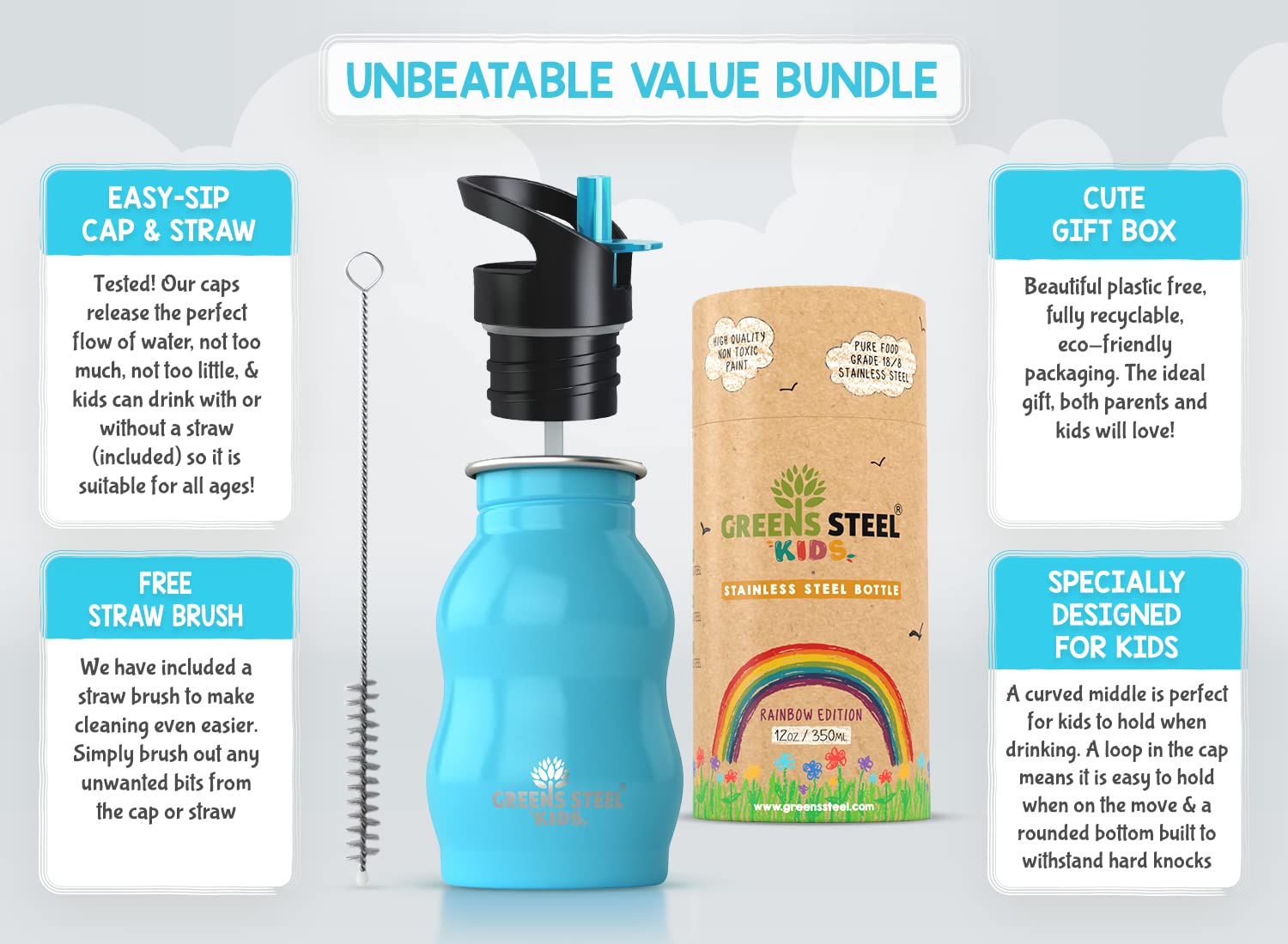 Greens Steel blue kid bottle with durable powder-coated finish resists scratches.