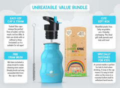 Greens Steel blue kid bottle with durable powder-coated finish resists scratches.